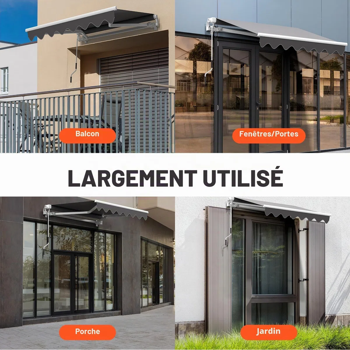 Store Banne Manuel 2.5x2M, Auvent Réglable Aluminium, Store avec Manivelle à Bras Articulés, Anti-UV, Résistant au Vent, Inclinaison réglable, Facile à Installer, pour Terrasse et Balcon, Gris Foncé