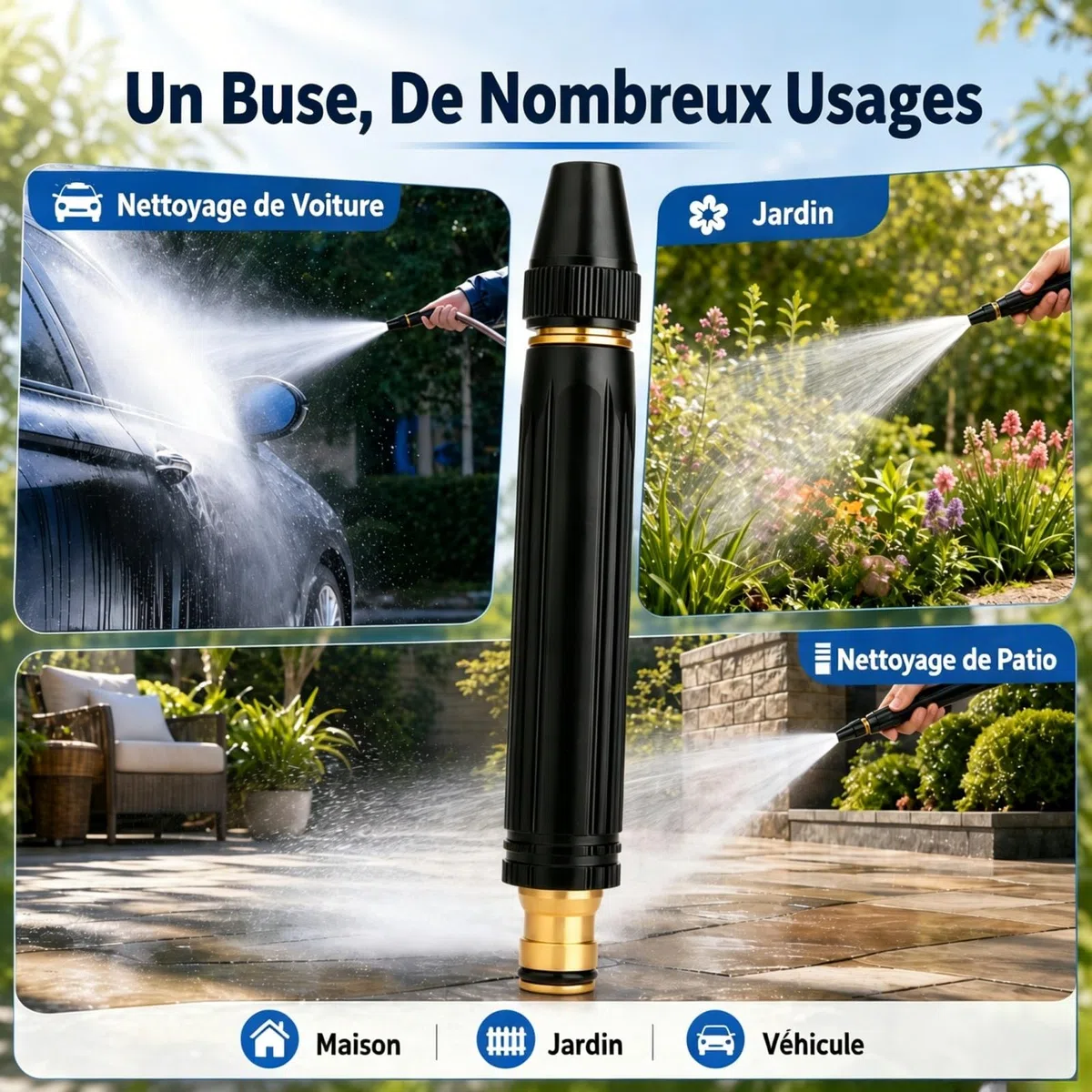 Buse Haute Pression pour Tuyau Arrosage et Pistolet Haute Pression Tuyau Arrosage, Tête, Jet Multi-Fonction, Embout de Nettoyage pour Voiture, Cour et Jardin (C)