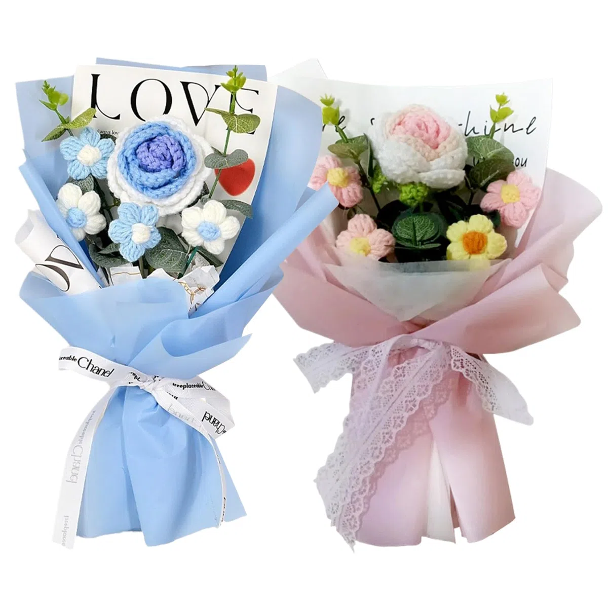 Bouquet de fleurs au crochet, 7,9 x 11,8" roses au crochet, 5 têtes de fleurs tricotées, bouquet de fleurs au crochet pour mariage, Saint-Valentin, anniversaire, fête des mères, fleurs tricotées bleue