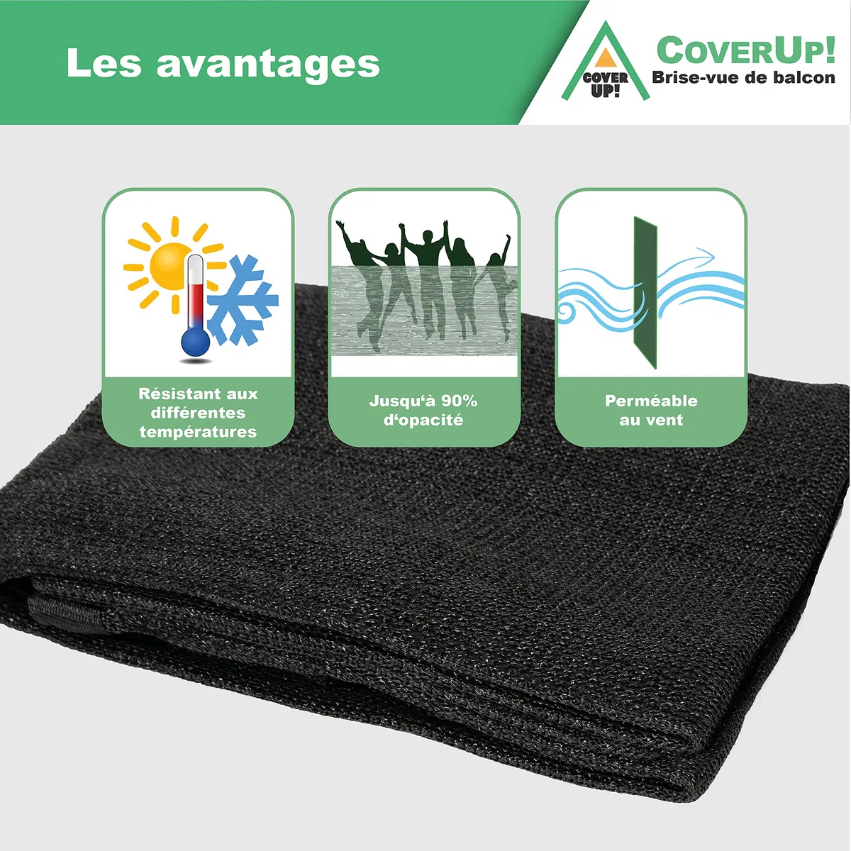 Coverup! Brise-Vue pour Balcon 0,9 x 6 m Noir [180 g/m²] - Brise-Vue de Balcon de Haute qualité pour Toile de Balcon avec Attaches de câble Velcro réutilisables