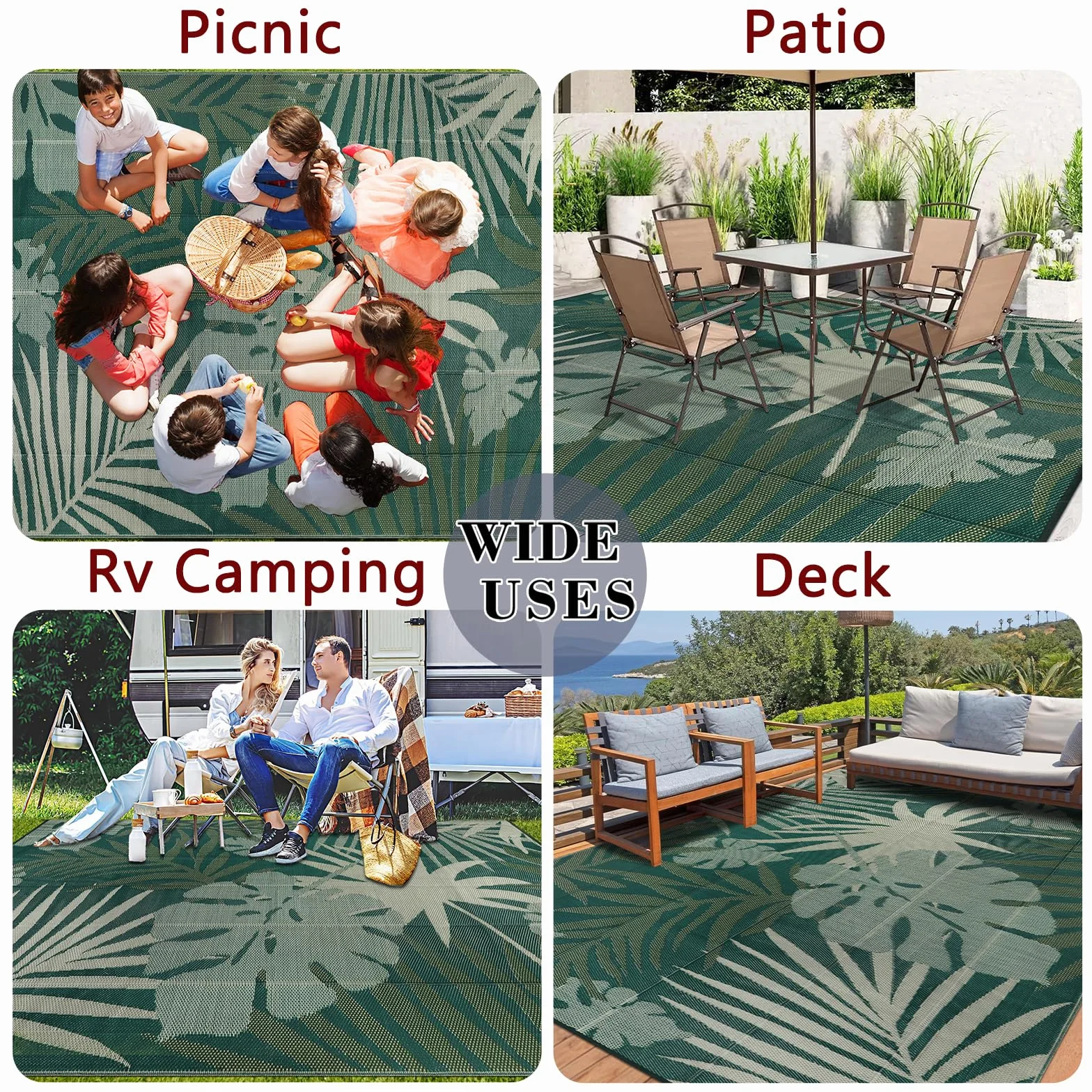 Homcomodar Tapis Exterieur Terrasse 270x365cm Tapis Para Camping Resistant UV Imperméable Tapis Plastique de Sol Jardin Balcon Vert