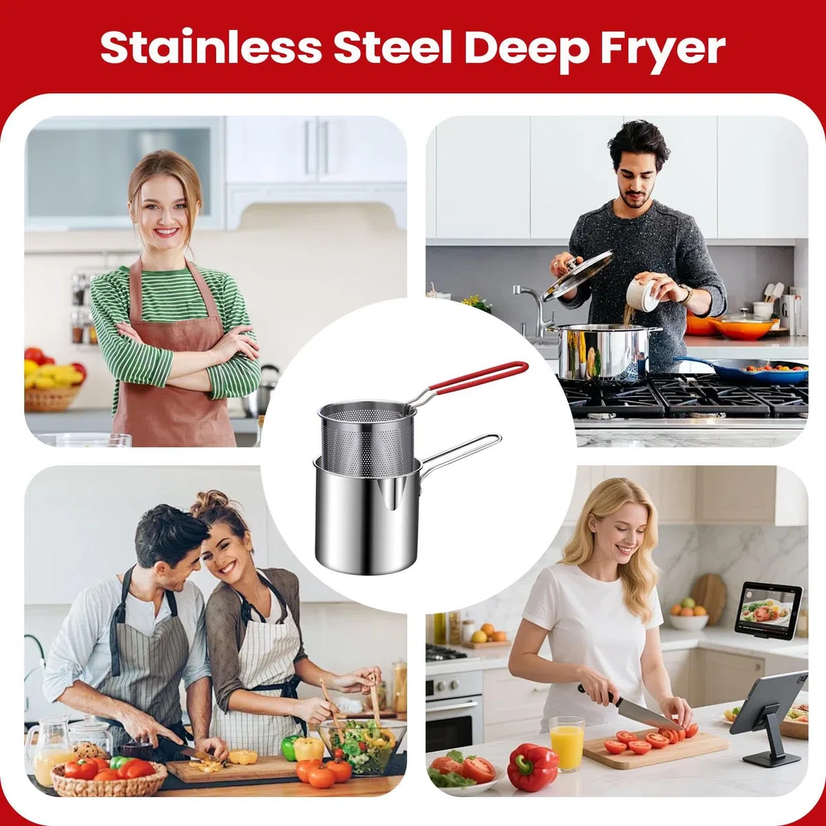 Faitout en acier inoxydable - Friteuse en acier robuste, panier amovible, couvercle inclus, appareil de cuisine polyvalent, restauration en camping-car ou camion de restauration | Outil de cuisine