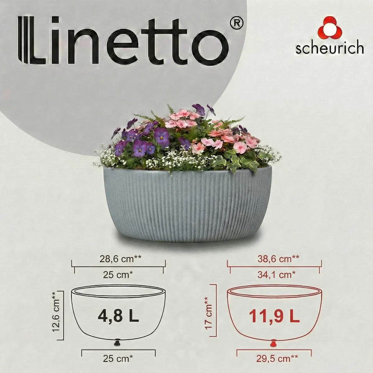 Scheurich Linetto Bowl 40 Pot de Fleurs Rond en Plastique recyclé Gris Pierre Utilisation en extérieur