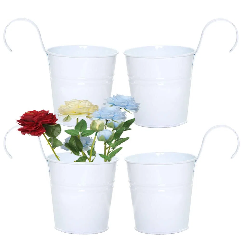 Pot Fleur Suspendu Extérieur 4 Pièces Pots de Fleurs Suspendus pour Balcon Balconniere Exterieur Métal Pots de Fleurs Suspendus avec Trou de Drainage Pot de Fleur pour Une clôture, Blanc