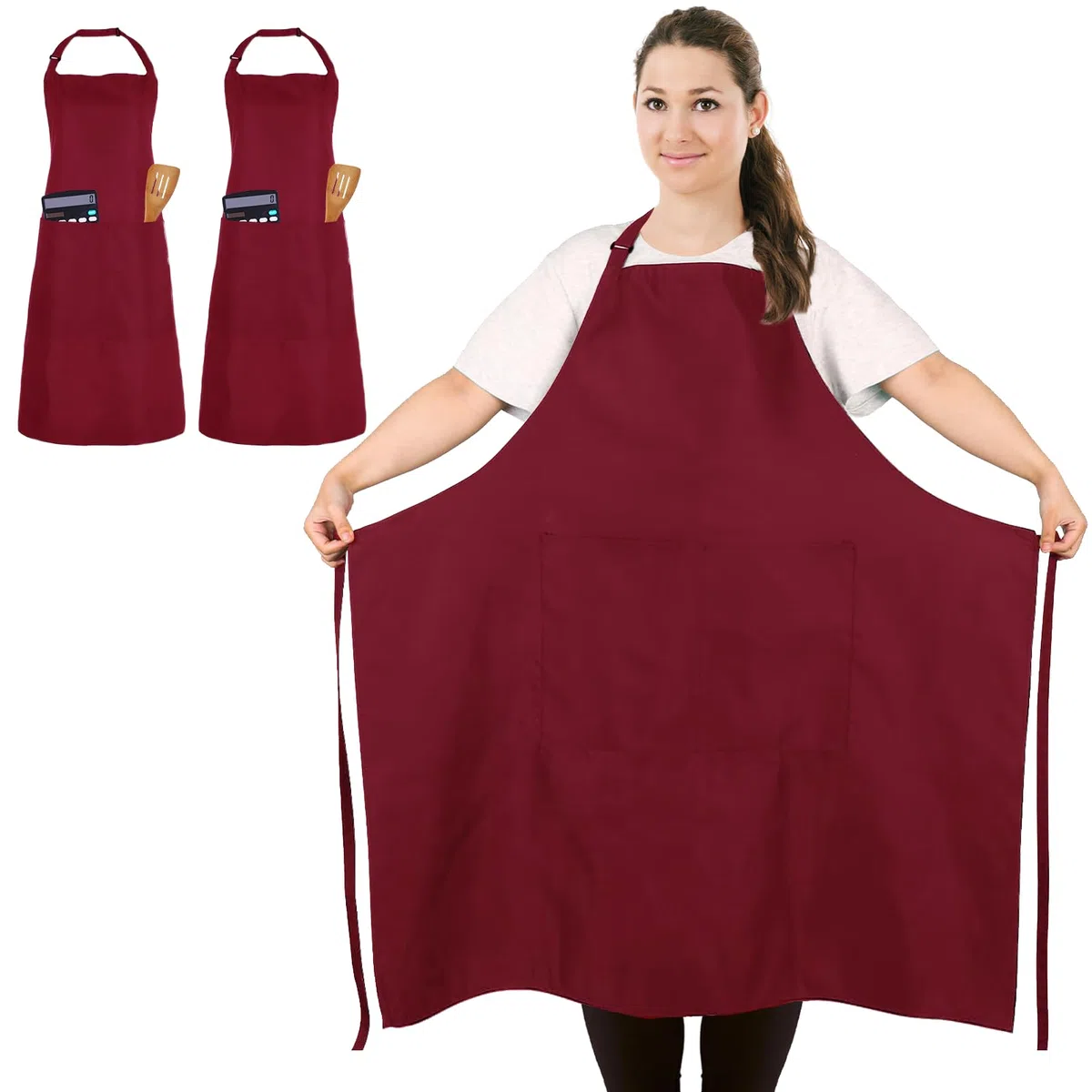 2 Pcs Tablier de Chef, Tablier Unisexe avec 2 Poches pour Cuisine, Travail, Tablier Professionnel (Taille Grande)