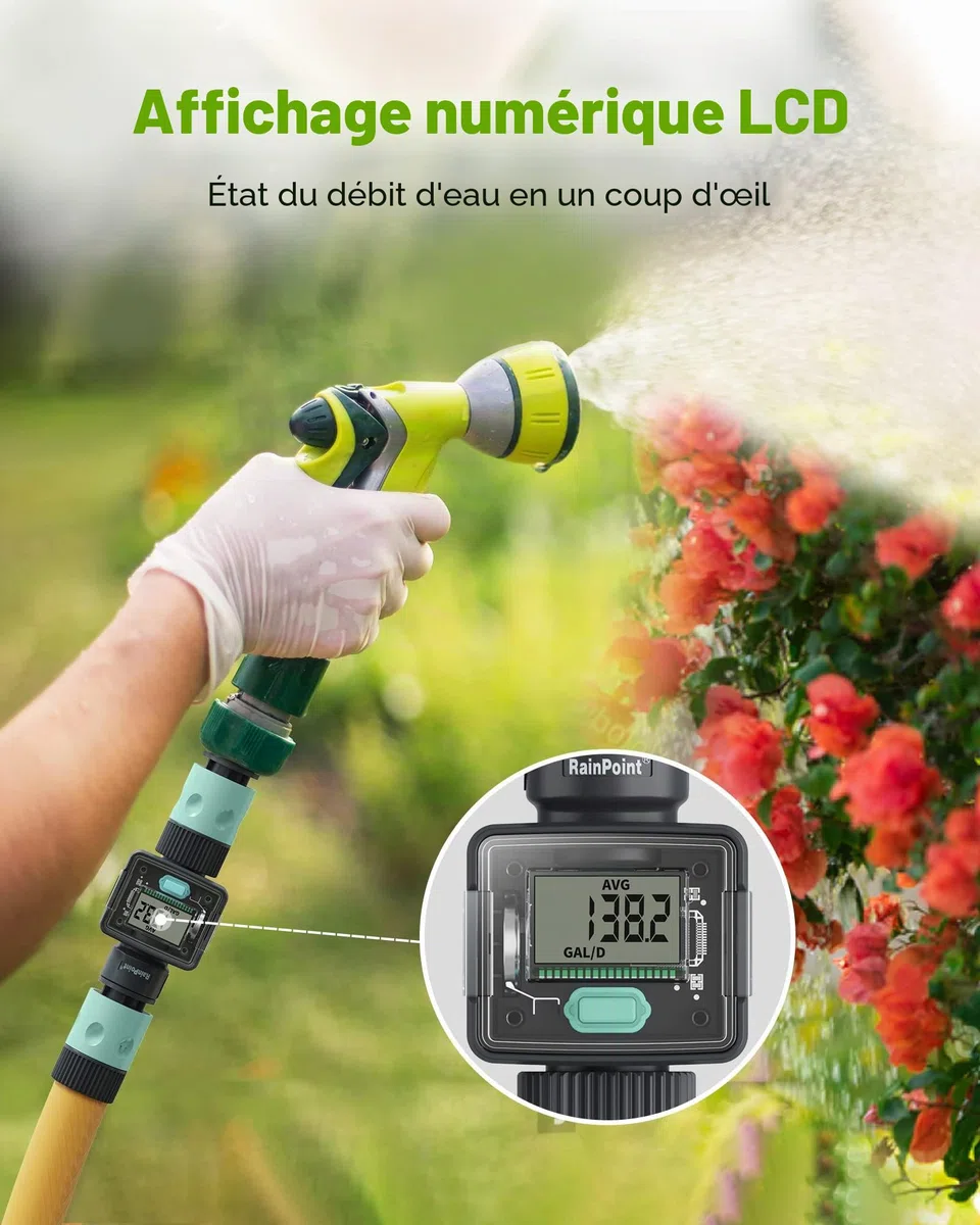 RAINPOINT Compteur d'eau, minuterie d'eau Pratique pour Le Jardin, 4 Modes de contrôle de la consommation, alimentés par des Piles