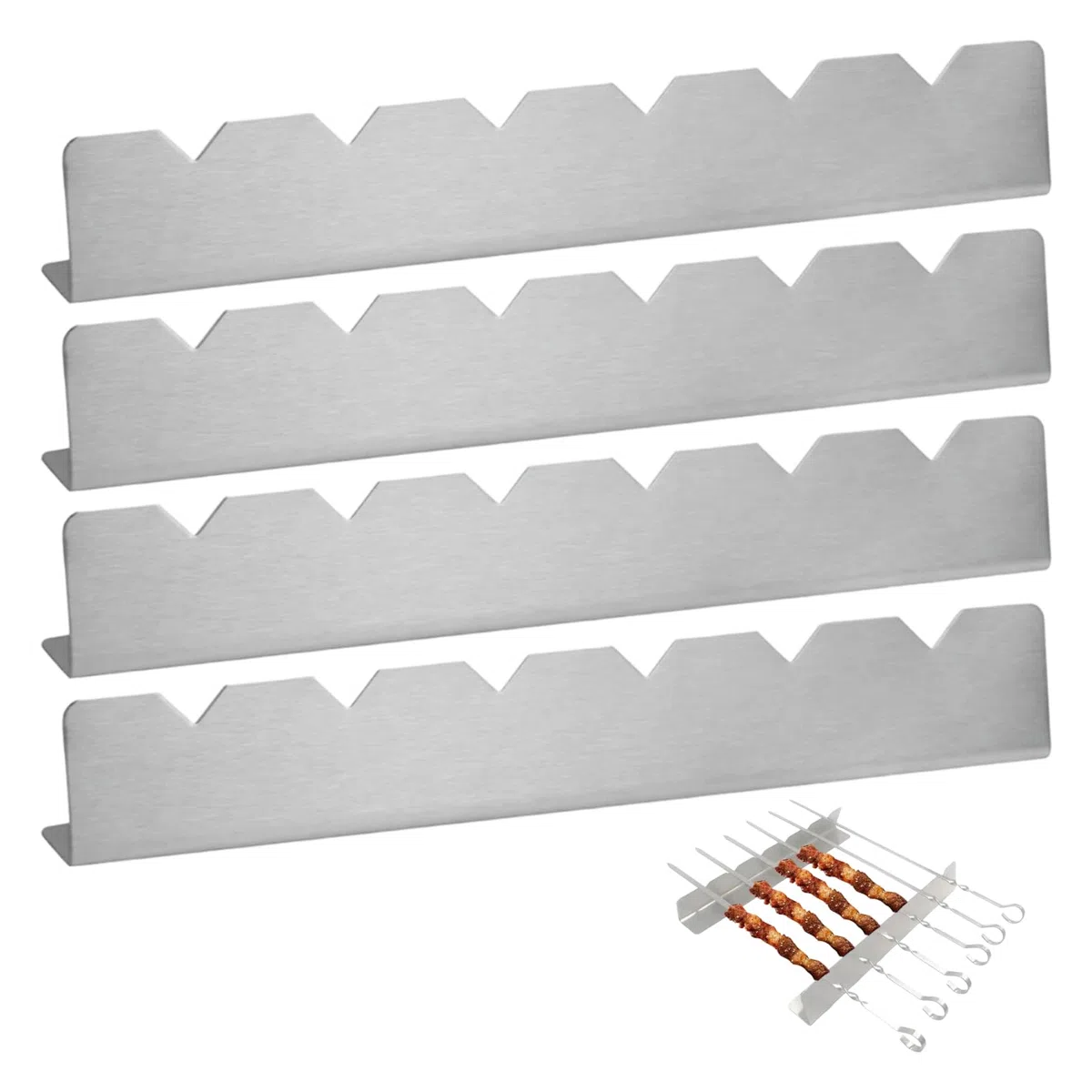 MINGBOLIN Supports à Brochettes de Grill en Acier Inoxydable – Set de 4 (6 Places) Support BBQ pour Brochettes, Idéal pour le Grill & le Camping Outdoor, Base Stable en Acier Inoxydable 410