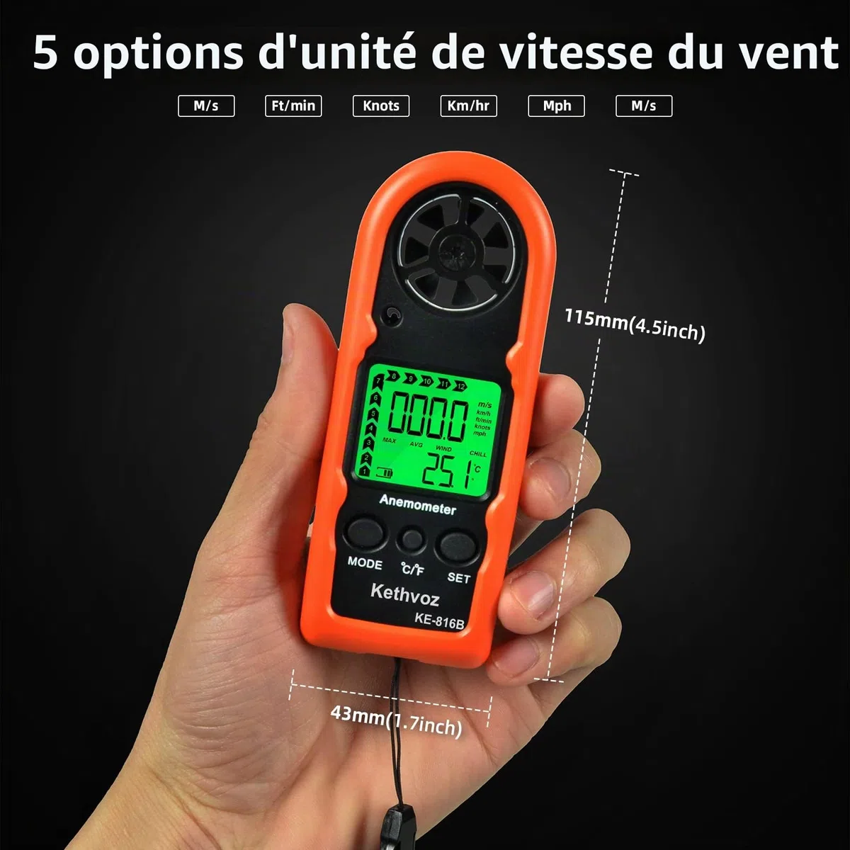 Mini Anemometre Portable VMC, Kethvoz Exterieur Jauge de Vitesse du Vent Numérique avec Max/AVG/Valeur Actuelle Mesure 0~30 m/s Débit d'Air Vitesse et Température KE-816B