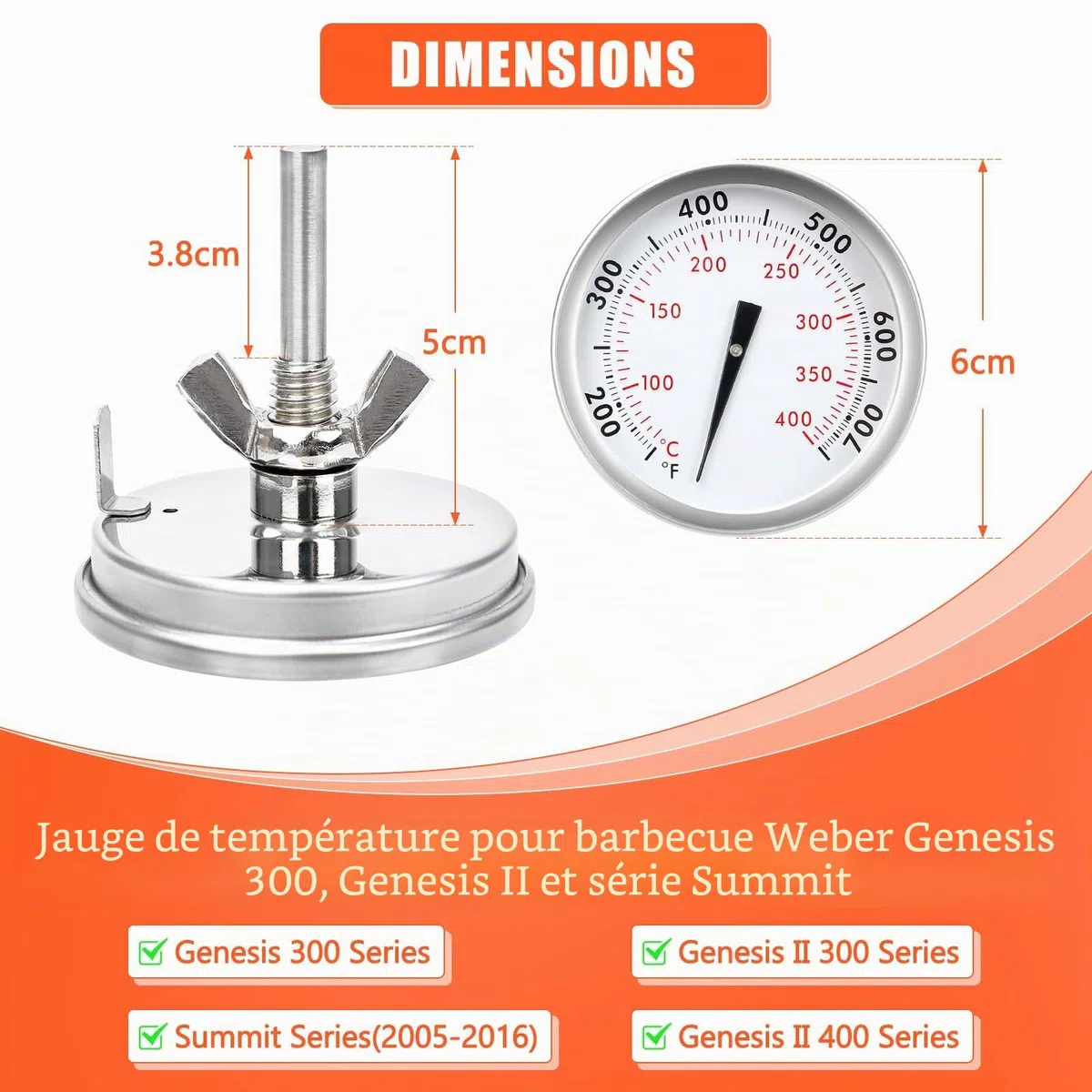 Denmay Thermomètre de barbecue précis pour Weber Genesis 300, Genesis II & Summit Serie Grills, Thermomètre de température à montage central 6 cm de diamètre