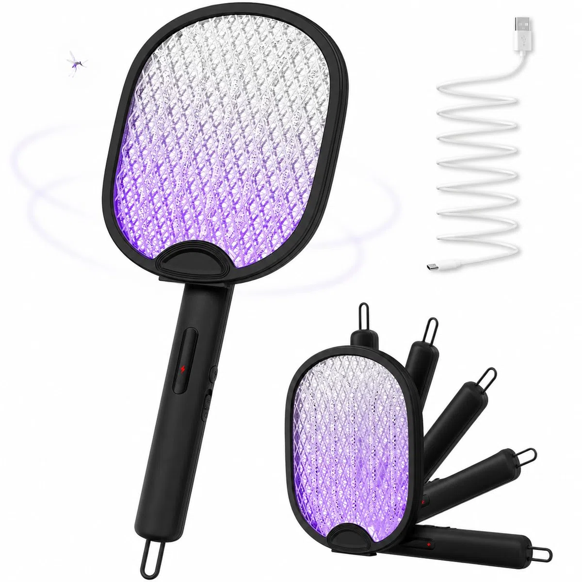 WOCVRYY Raquette Moustique Electrique Insectes 4000V - Pliable USB-C Rechargeable 1800mAh Electric Insect Racket Tapette à Mouche Électrique Murale - Noir