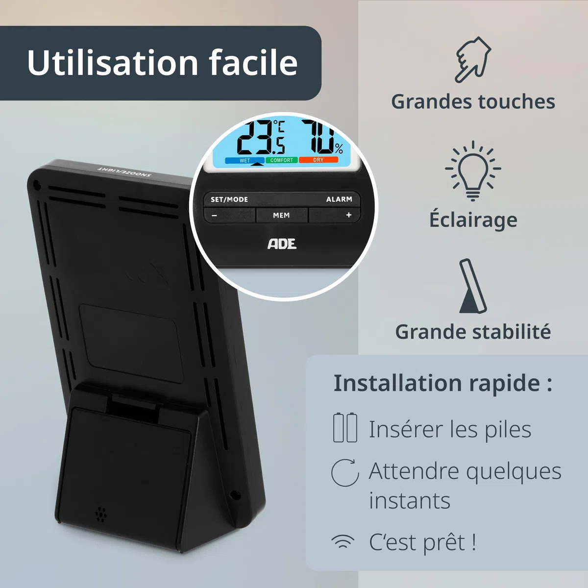 ADE Station méteo numérique avec capteur extérieur | Thermomètre, hygromètre, baromètre | Horloge radio-pilotée avec double alarme | Prévisions météo animées | Grand écran couleur LCD