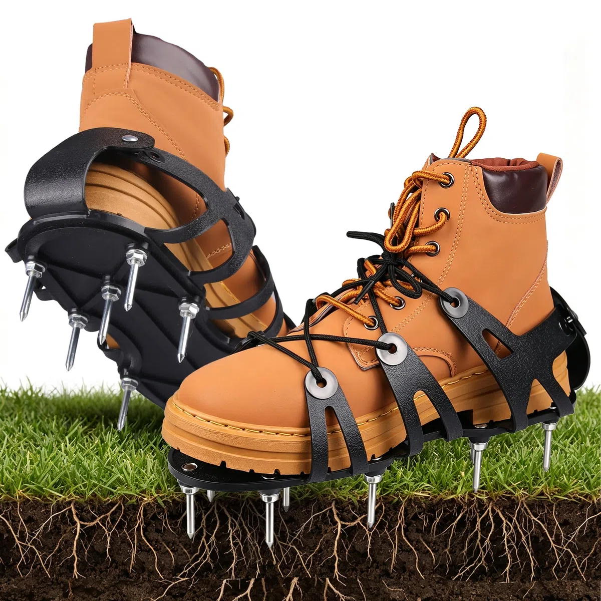 Aérateur Pelouse Chaussure, Chaussures À Ongles pour Gazon avec 26 Pointes en Acier Inoxydable, Aérateur de Pelouse avec Sangles Réglables, Aerateur Gazon Chaussures pour Herbe Jardin Patio (Noir)