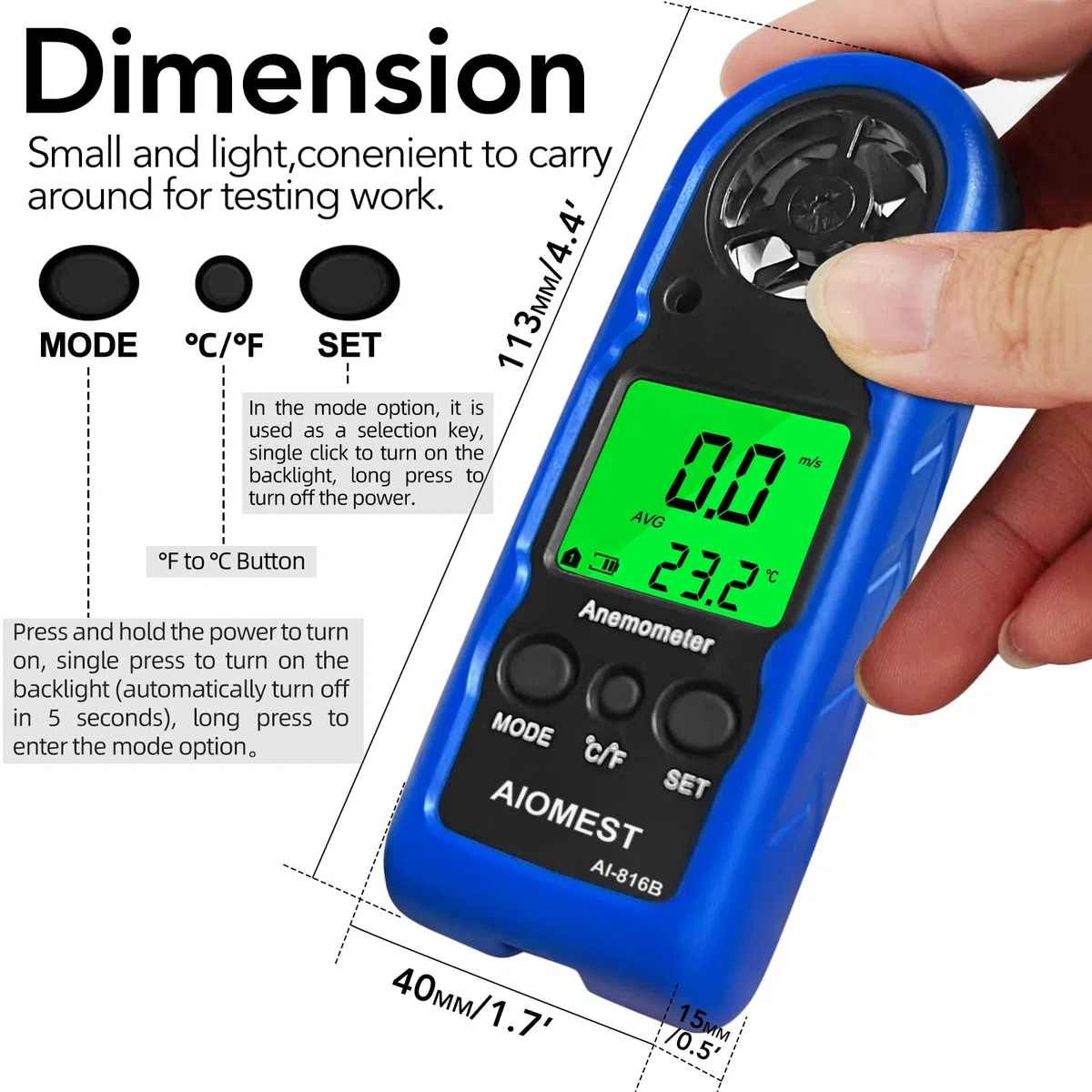 Anémomètre Numérique Portable AIOMEST AI-816B - Mini Anémomètre de Poche Mesure Vitesse du Vent 90km/h, Température- Haute Précision ±5% - Pour HVAC, Voile, Tir, Drone, Golf, Randonnée