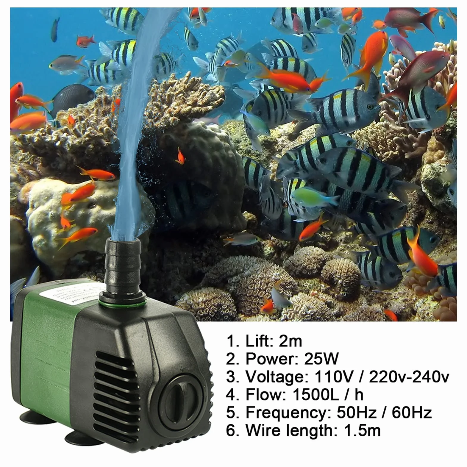 Pompe a eau Submersible, AolKee Mini Pompe Submersible 25W 1500L/H, AC220-240V avec 2 buses Pompes pour Fontaines aquarium, étang, jardin