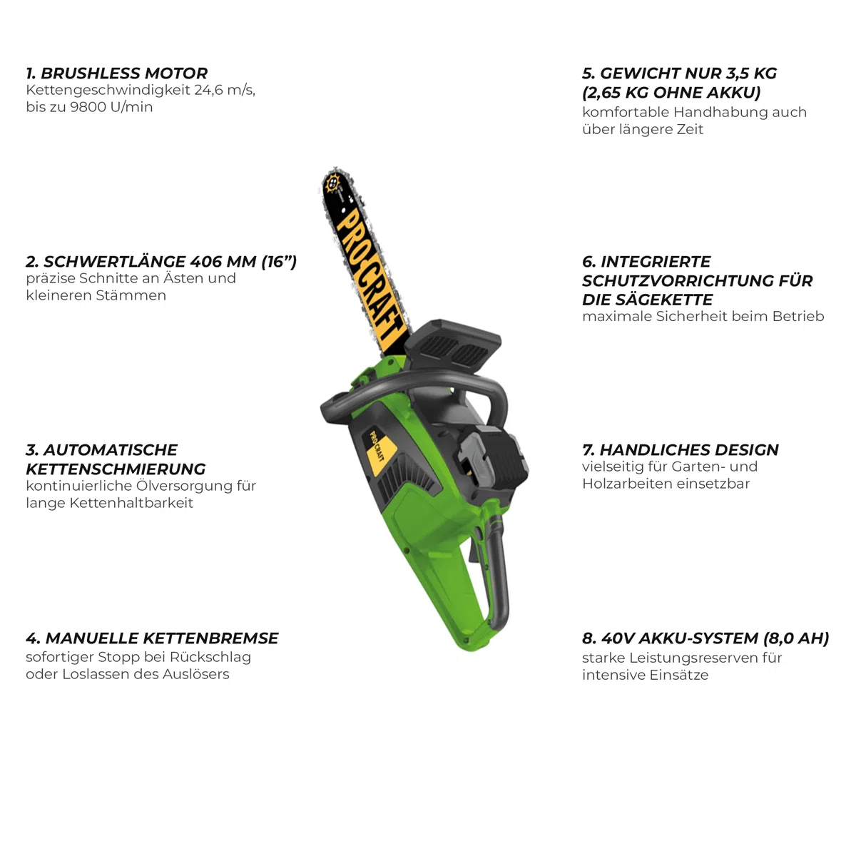 Procraft PKA48Li Tronçonneuse sans fil 40 V 406 mm Brushless + 1 batterie 8,0 Ah + chargeur