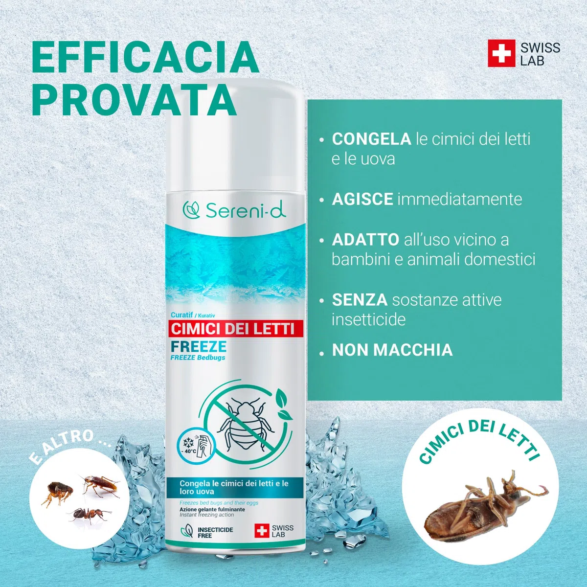 FREEZE PUNAISES DE LIT – TRAITEMENT NATUREL FOUDROYANT – Action FREEZE punaises de lit (œuf, larves et adultes) sans substances actives biocides – Action IMMÉDIATE et EFFICACE – Swiss Lab