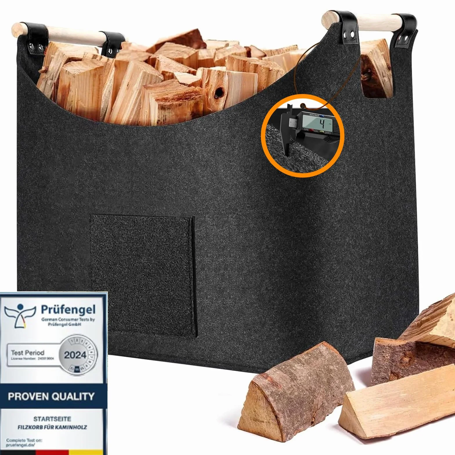 Panier en feutre XL de 50 l et panier à bois pour bois de cheminée, panier à bois de cheminée de 4 mm en feutre extra épais + poignées antidérapantes + poche avant extra large panier à bois