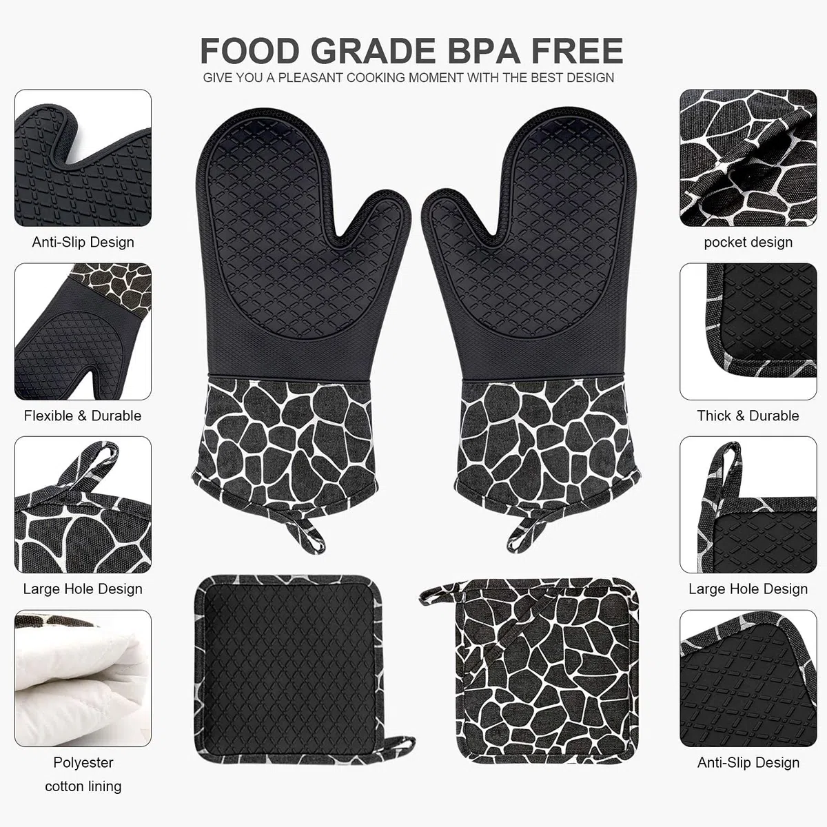 Silicone Gants de Cuisine, Gants de Barbecue Résistant à Chaleur 1 Paire et 2 Maniques, Parfait pour Grill BBQ Cuisine Four de Cuisson (Black)