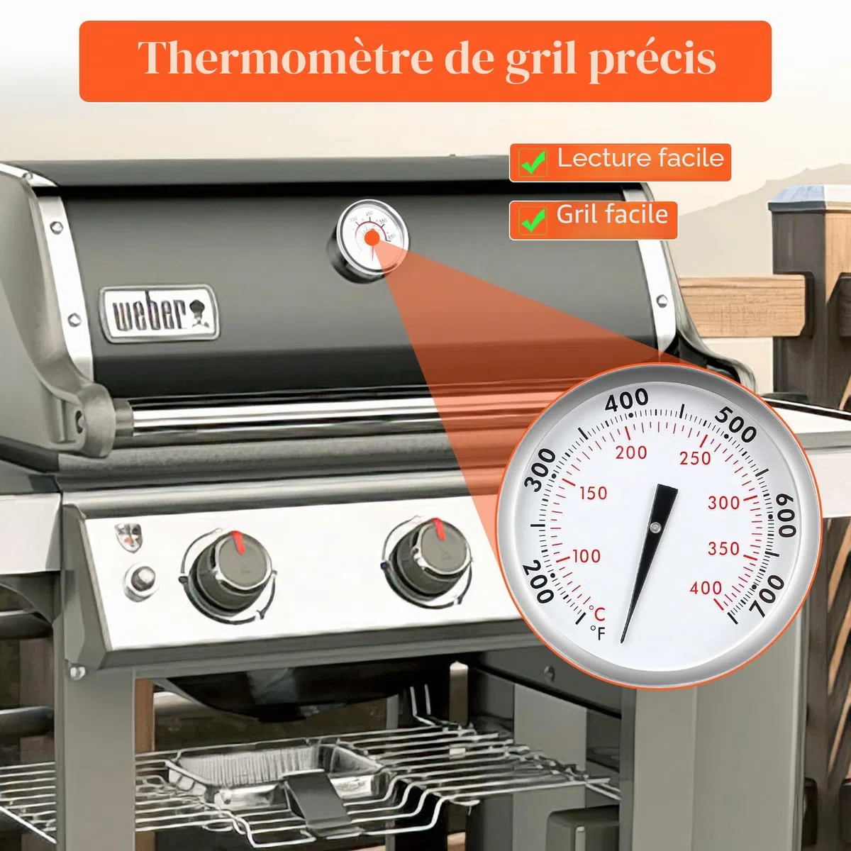 Denmay Thermomètre de barbecue précis pour Weber Genesis 300, Genesis II & Summit Serie Grills, Thermomètre de température à montage central 6 cm de diamètre