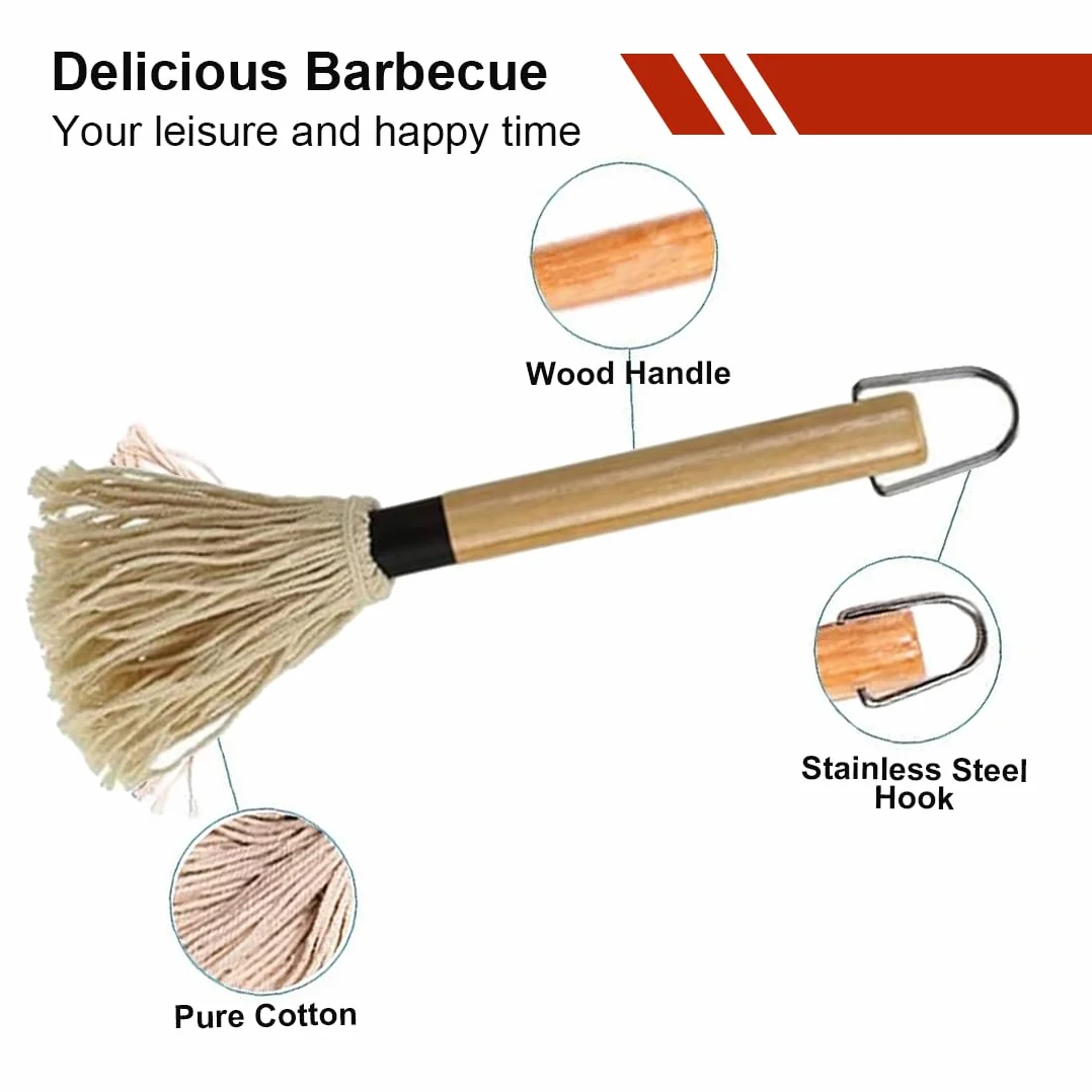 WUSJCOF Pinceaux pour Barbecue, 1 pièce, Brosse Professionnelle Sauces et Marinades, Manche en Bois Long (18 cm), 2 de Rechange Supplémentaires, BBQ MOP Cuisson et Cuisine Badigeonner