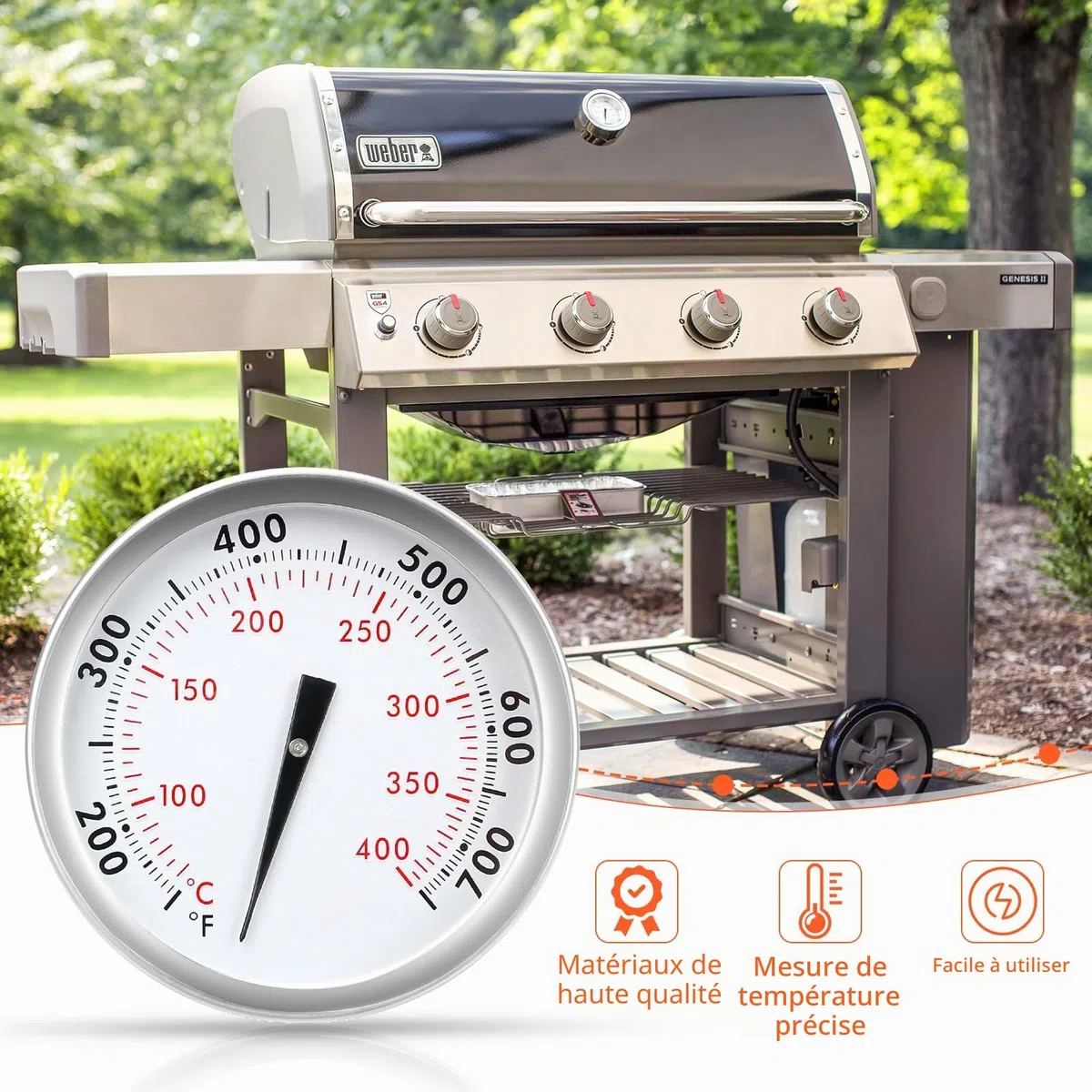 Denmay Thermomètre de barbecue précis pour Weber Genesis 300, Genesis II & Summit Serie Grills, Thermomètre de température à montage central 6 cm de diamètre