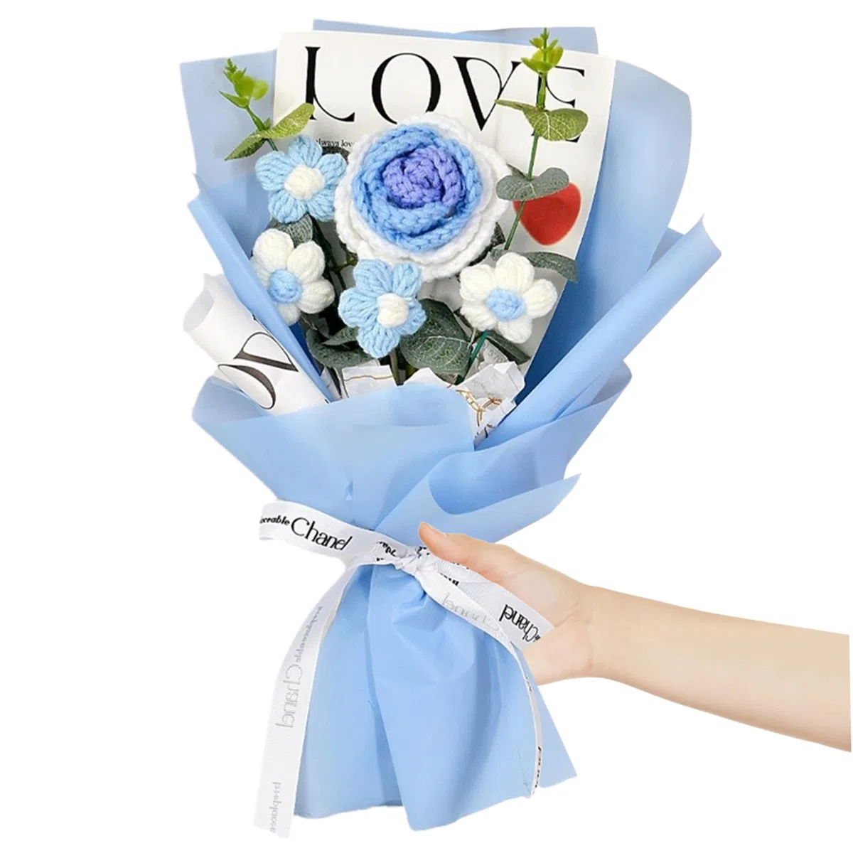 Bouquet de fleurs au crochet, 7,9 x 11,8" roses au crochet, 5 têtes de fleurs tricotées, bouquet de fleurs au crochet pour mariage, Saint-Valentin, anniversaire, fête des mères, fleurs tricotées bleue
