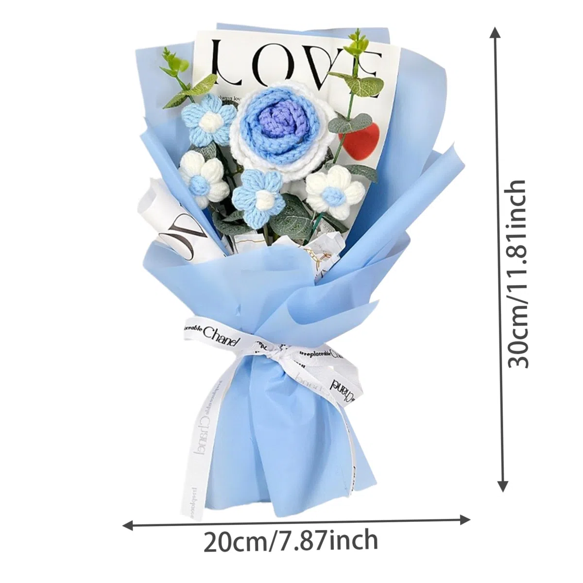 Bouquet de fleurs au crochet, 7,9 x 11,8" roses au crochet, 5 têtes de fleurs tricotées, bouquet de fleurs au crochet pour mariage, Saint-Valentin, anniversaire, fête des mères, fleurs tricotées bleue