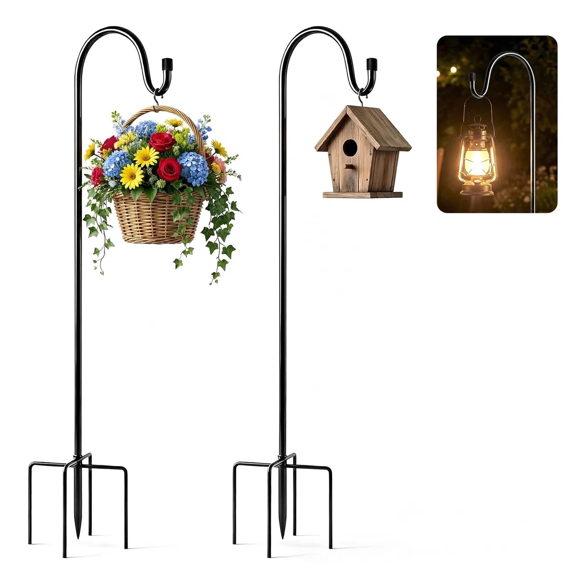 Lot de 2 crochets de berger pour jardin, poteaux métalliques de 120 cm, hauteur réglable, adaptés aux supports de lanternes, paniers suspendus, pots de fleurs et nichoirs.