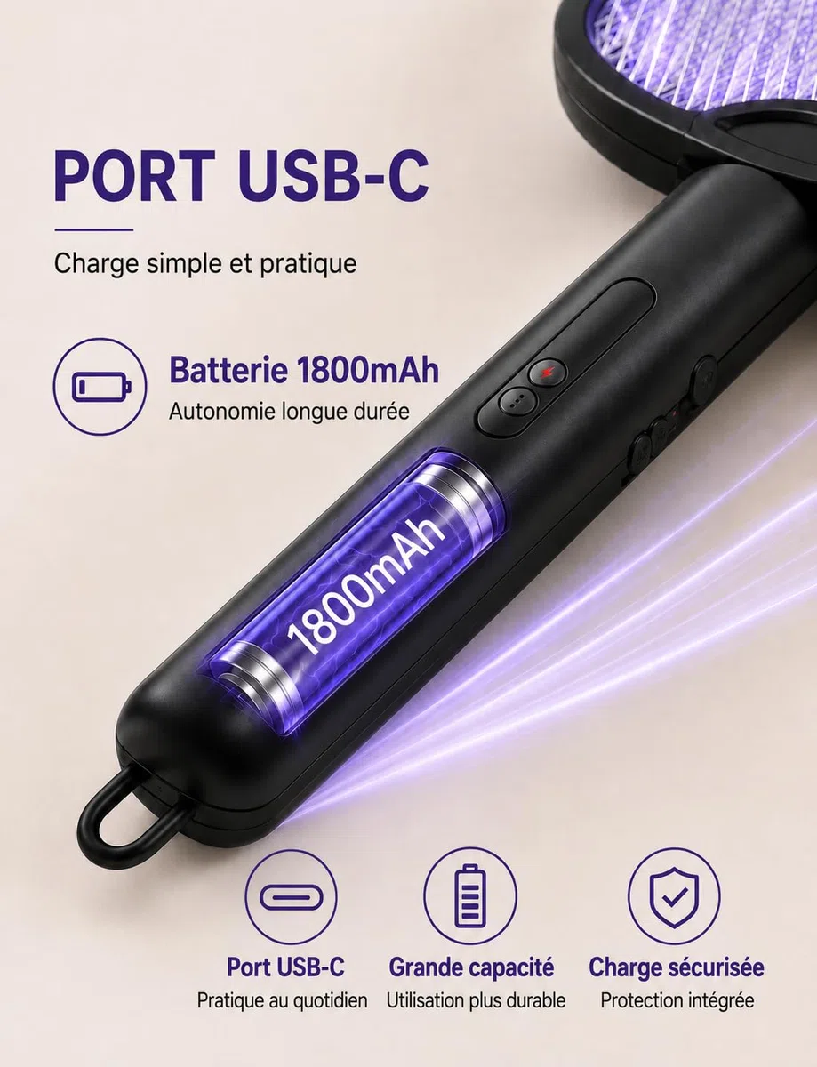 WOCVRYY Raquette Moustique Electrique Insectes 4000V - Pliable USB-C Rechargeable 1800mAh Electric Insect Racket Tapette à Mouche Électrique Murale - Noir