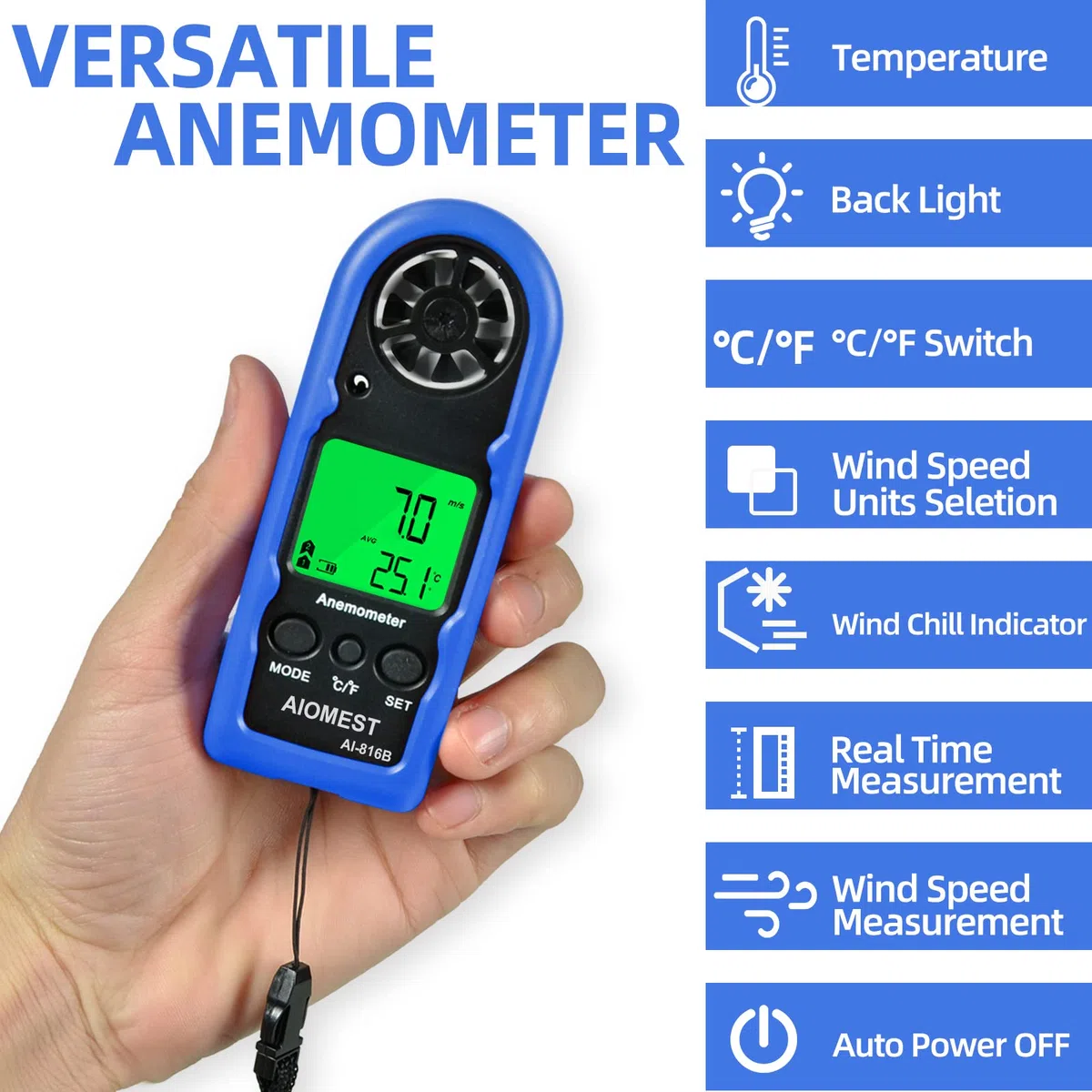 Anémomètre Numérique Portable AIOMEST AI-816B - Mini Anémomètre de Poche Mesure Vitesse du Vent 90km/h, Température- Haute Précision ±5% - Pour HVAC, Voile, Tir, Drone, Golf, Randonnée