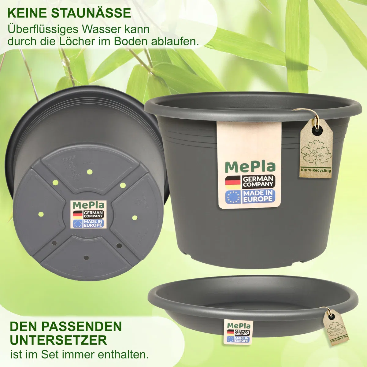 MePla - Pot de fleurs cylindrique Ø 25 cm + soucoupe Ø 24 cm, anthracite, résistant aux intempéries en plastique résistant aux UV