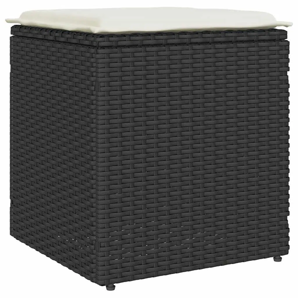 Lot de 2 tabourets de jardin avec coussins, noir, 40 x 40 x 43 cm, en rotin synthétique, résistant aux intempéries, espace de rangement, pour extérieur, terrasse, balcon, avec rembourrage et