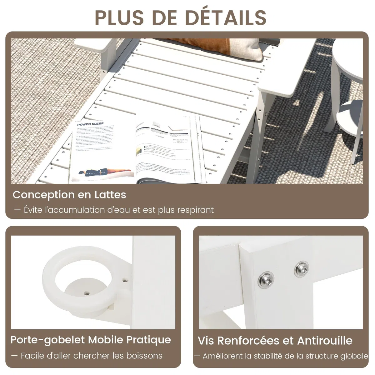 COSTWAY Bain de Soleil en HDPE Réglable sur 4 Niveaux, Blanc
