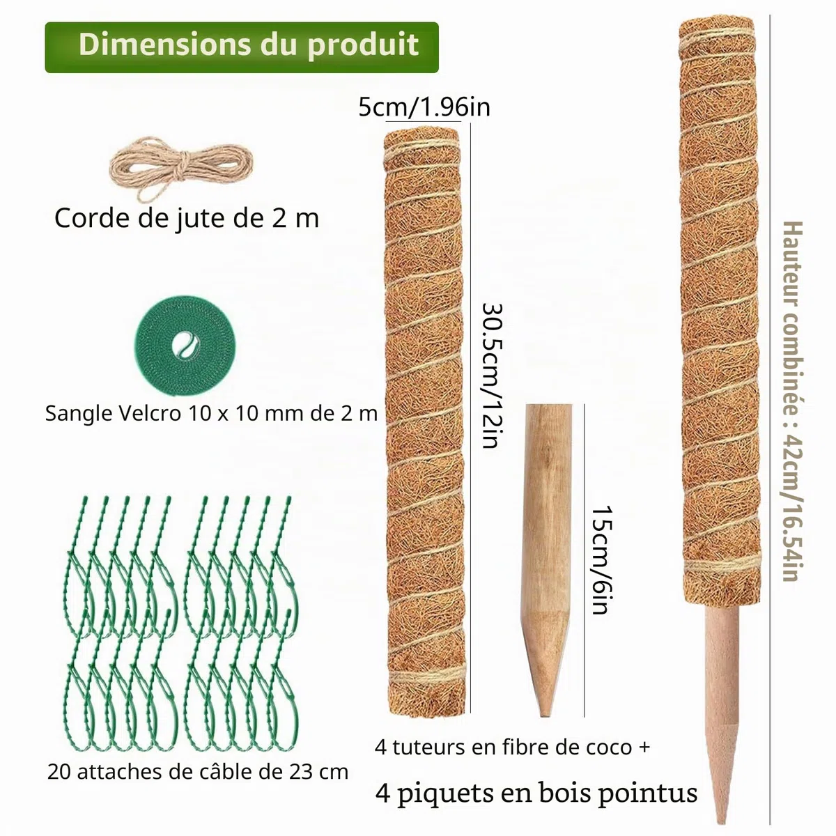 Tuteur Monstera - 4 Tuteurs Plantes Grimpantes 42 cm - Tuteurs Coco Extensibles - Tuteur Plante avec Corde de Jute, Scratch et Colliers de Serrage en Épi, pour Monstera et Autres Plantes Grimpantes