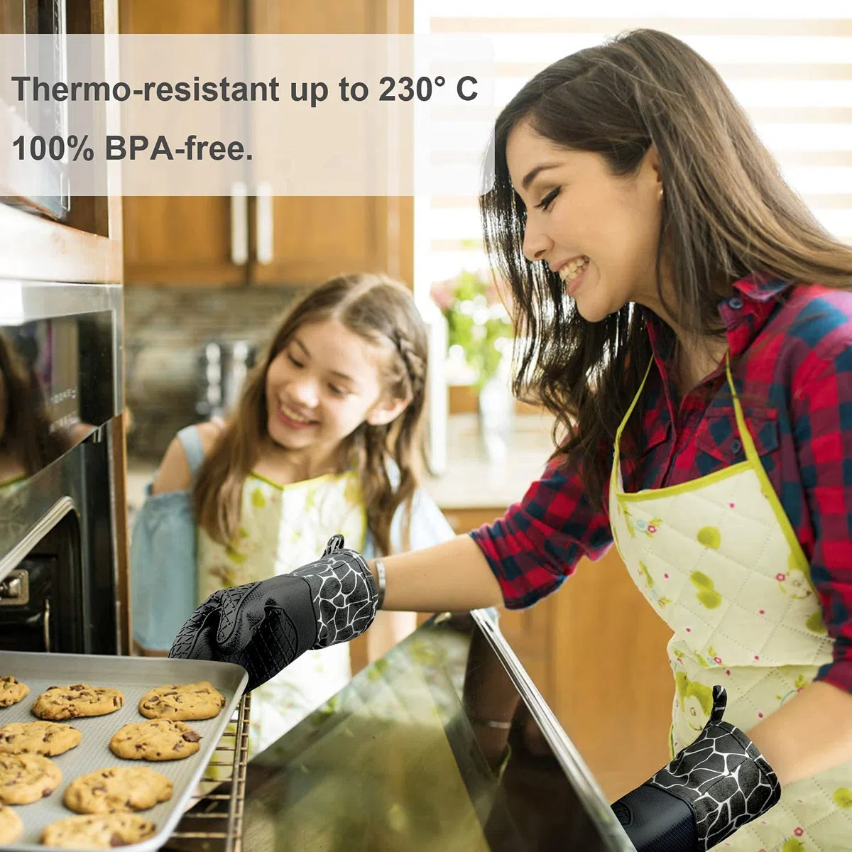 Silicone Gants de Cuisine, Gants de Barbecue Résistant à Chaleur 1 Paire et 2 Maniques, Parfait pour Grill BBQ Cuisine Four de Cuisson (Black)
