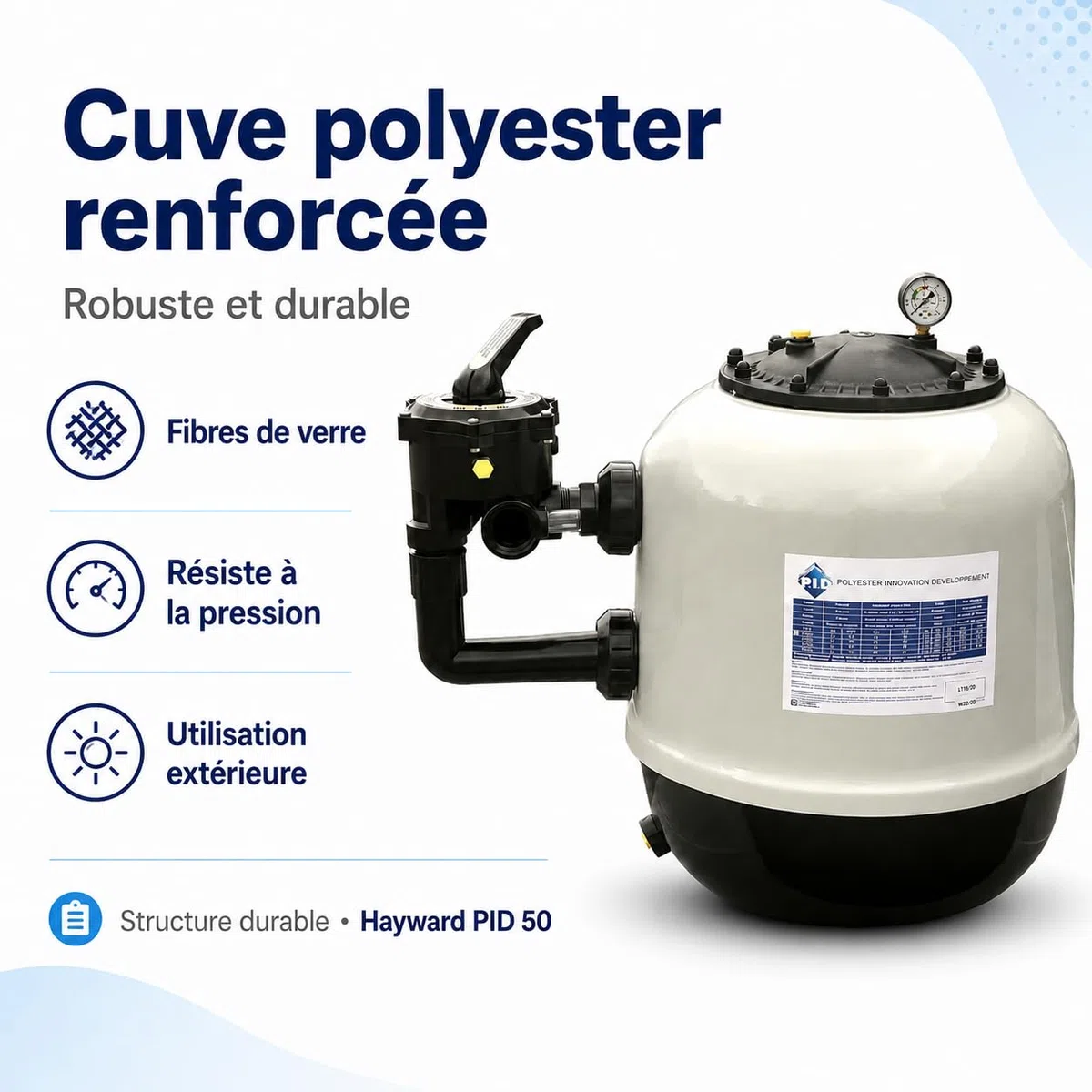 Hayward Filtre à Sable Piscine 10 m³/h – PID 50, vanne 6 Voies Side