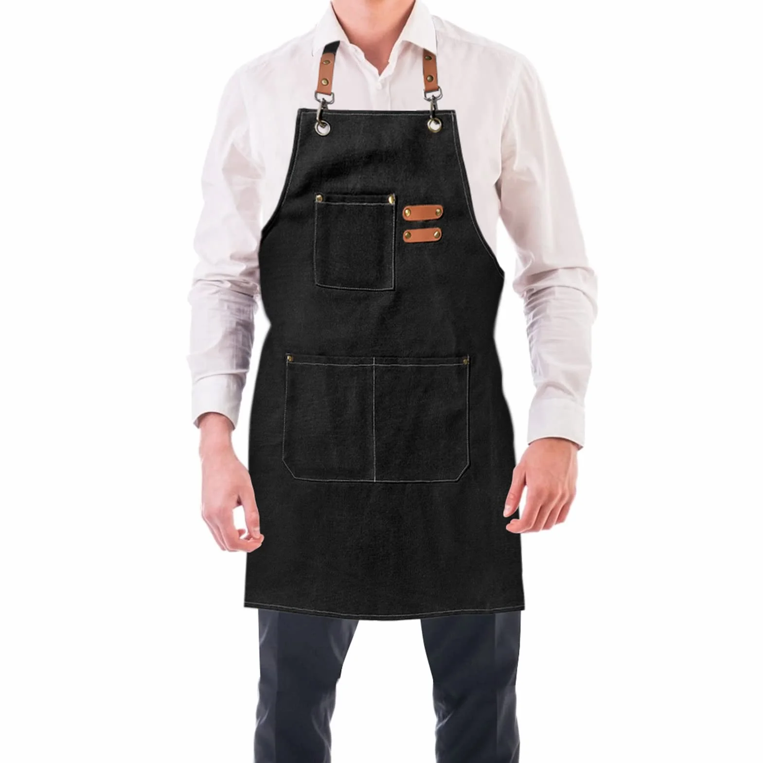 BOOWEN Tablier Cuisine Homme Tabliers en Toile avec 3 Poches Imperméable et Réglable Apron pour Barbecue, Restaurant,Jardin, Charpentier，76 * 68cm