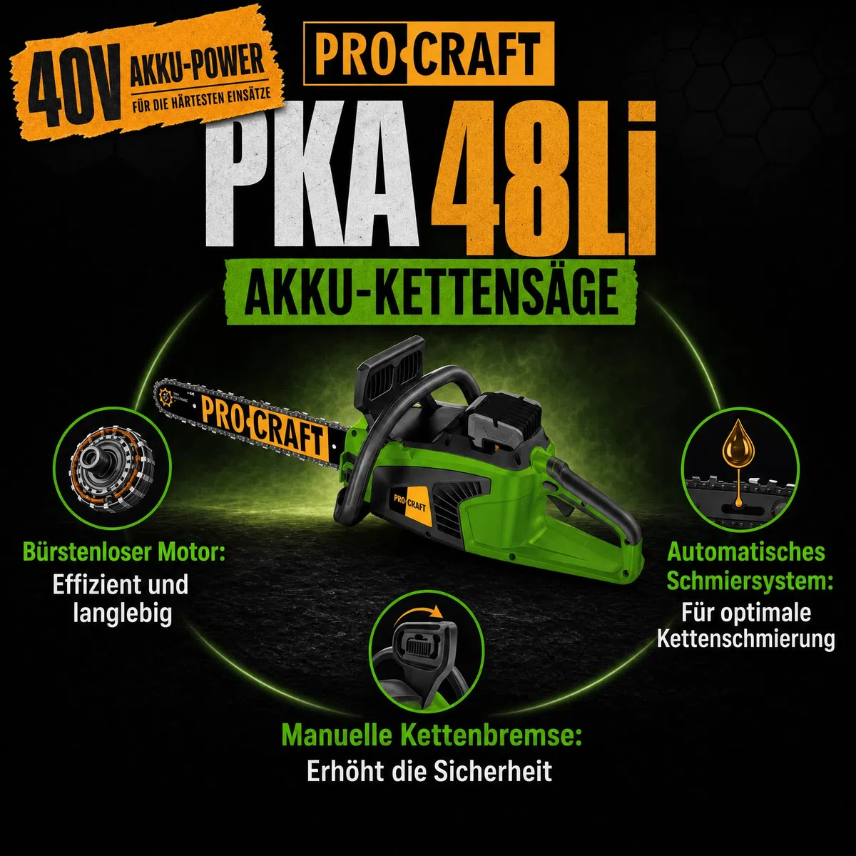 Procraft PKA48Li Tronçonneuse sans fil 40 V 406 mm Brushless + 1 batterie 8,0 Ah + chargeur
