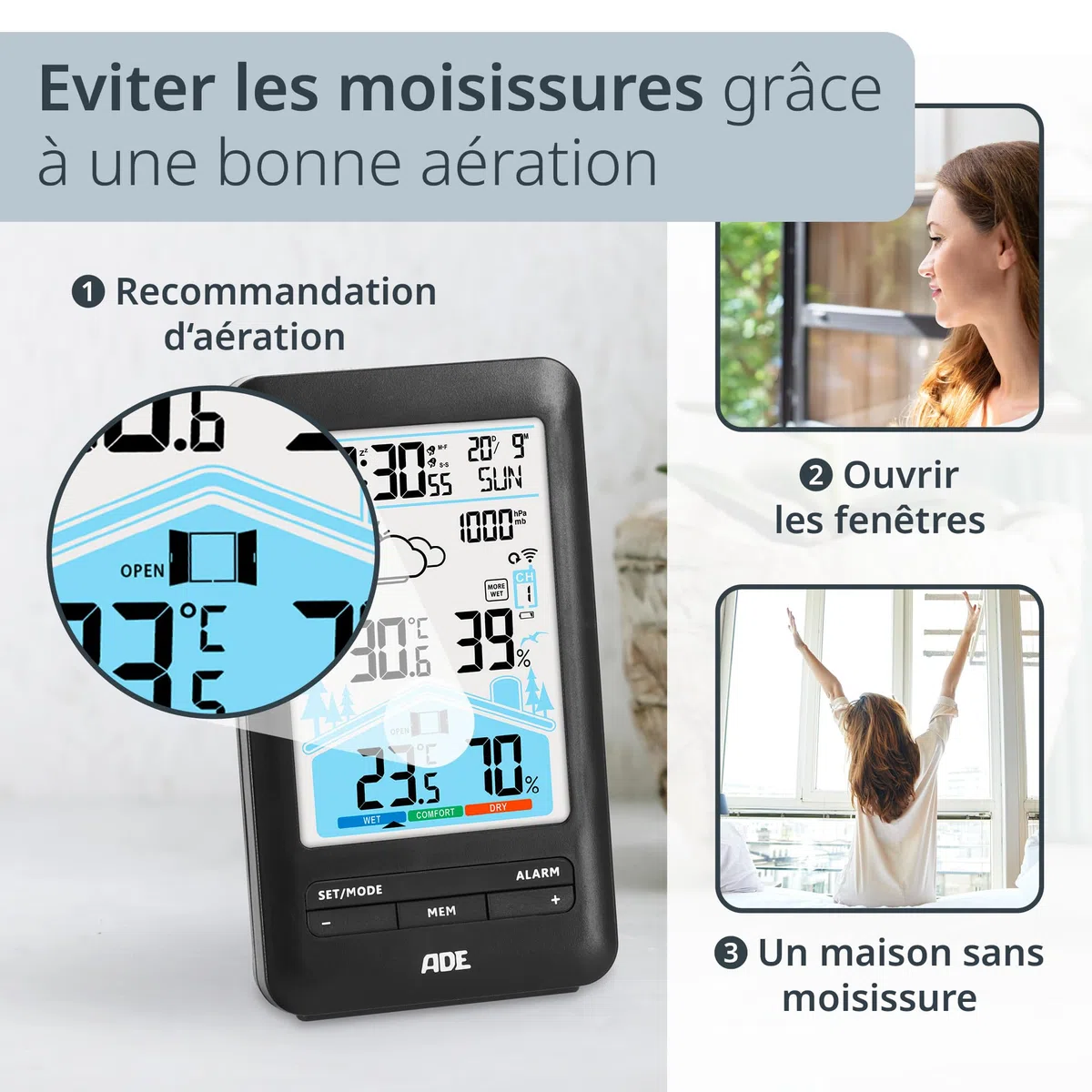 ADE Station méteo numérique avec capteur extérieur | Thermomètre, hygromètre, baromètre | Horloge radio-pilotée avec double alarme | Prévisions météo animées | Grand écran couleur LCD