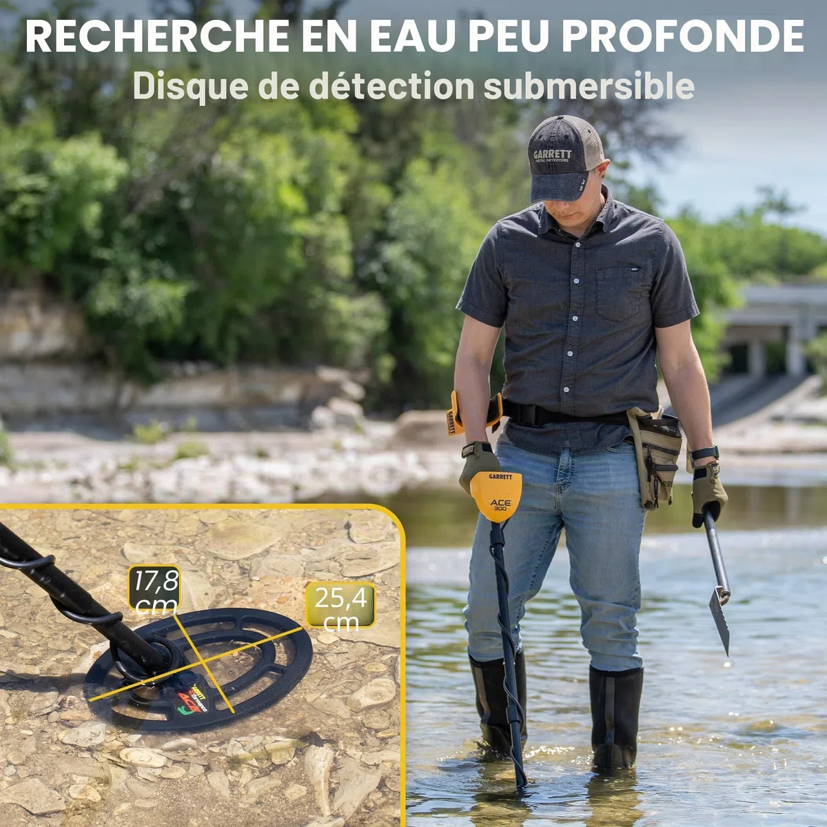 Garrett ACE 300 Kit détecteur de métaux avec objectif numérique, résolution du fer, fréquence réglable, avec pointeur Pro, casque et cache Searchcoil