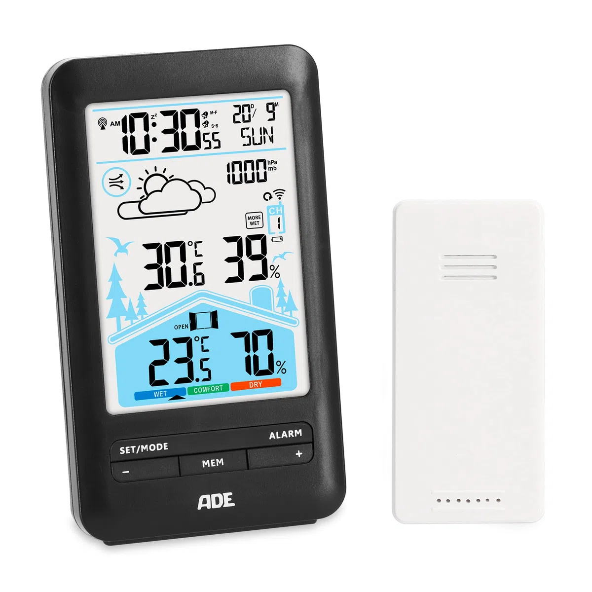 ADE Station méteo numérique avec capteur extérieur | Thermomètre, hygromètre, baromètre | Horloge radio-pilotée avec double alarme | Prévisions météo animées | Grand écran couleur LCD