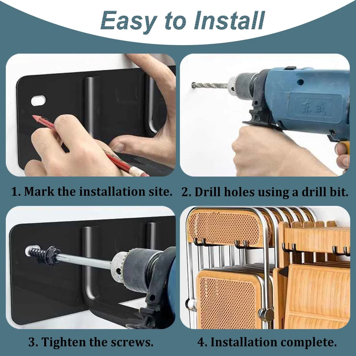 Lot de 4 chaises pliantes murales – Porte-outils de jardin peu encombrant, solution de siège pliable pour usage domestique et extérieur