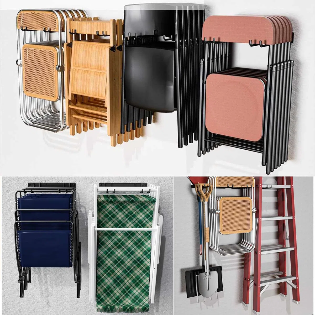Lot de 4 chaises pliantes murales – Porte-outils de jardin peu encombrant, solution de siège pliable pour usage domestique et extérieur