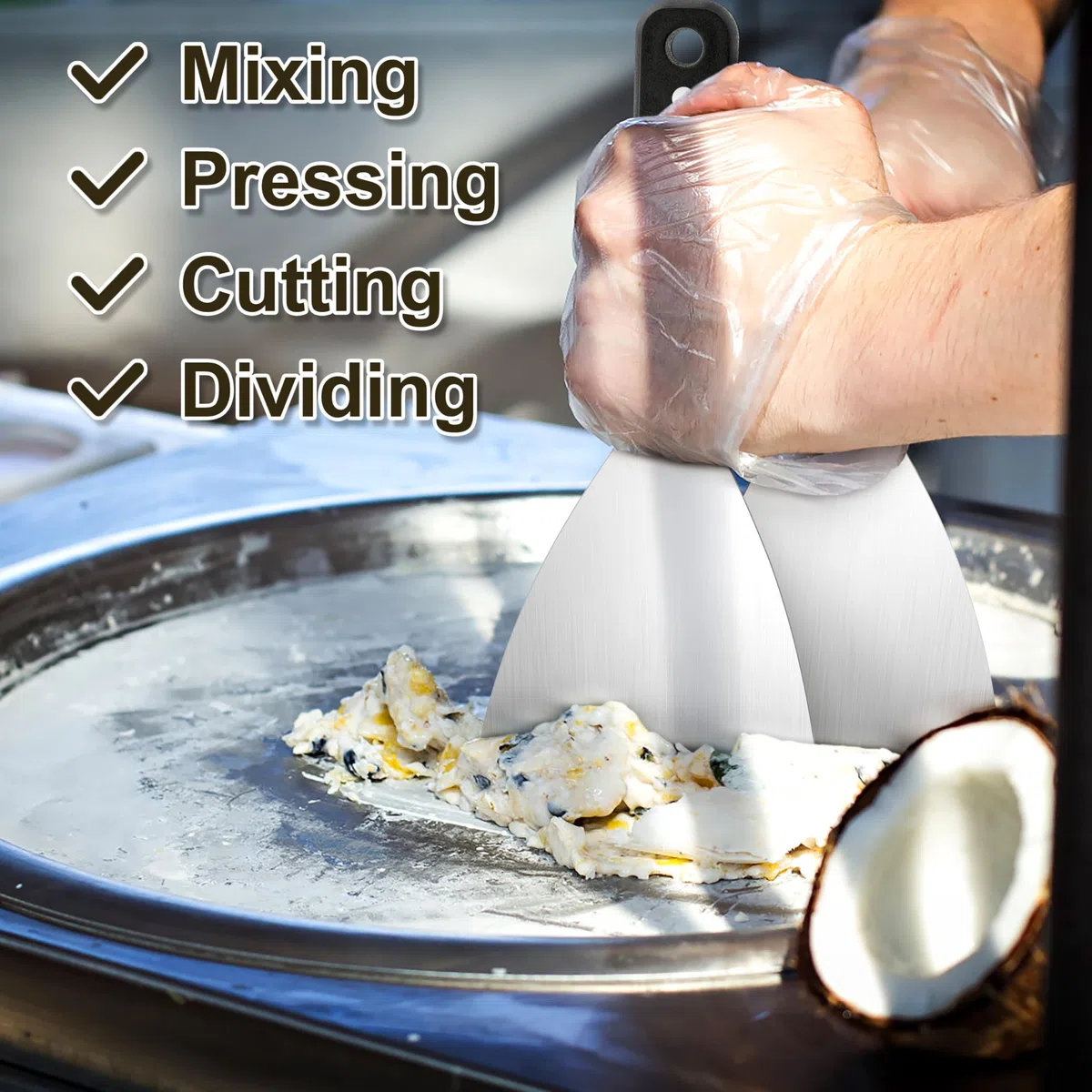 Herogo Lot de 2 grattoirs en acier inoxydable avec poignée noire pour barbecue, hamburger, steak, cuisine, pour griller la viande Teppanyaki, nettoyer la poêle à griller, durable et passe au