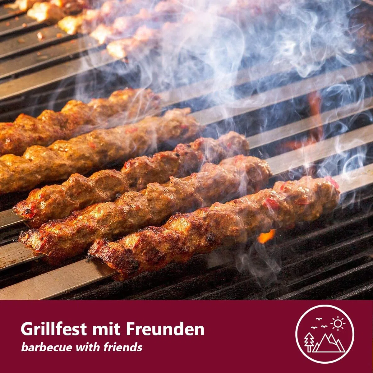 Lot de 10 brochettes longues en acier inoxydable - 40 cm - Fourchette à viande extra longues - Accessoires de barbecue plats - Évitez la formation de rouille, brochettes Adana et brochettes