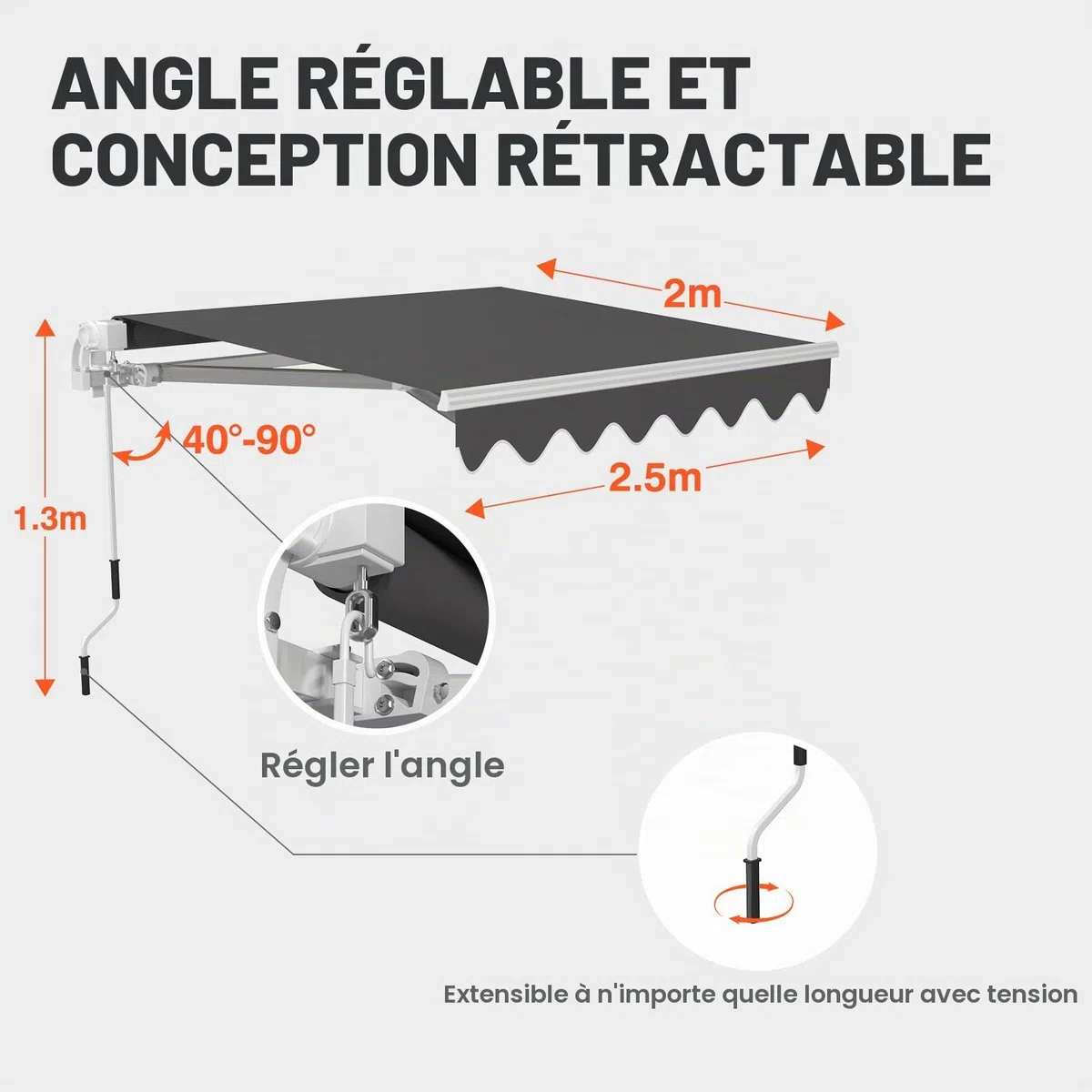 Store Banne Manuel 2.5x2M, Auvent Réglable Aluminium, Store avec Manivelle à Bras Articulés, Anti-UV, Résistant au Vent, Inclinaison réglable, Facile à Installer, pour Terrasse et Balcon, Gris Foncé