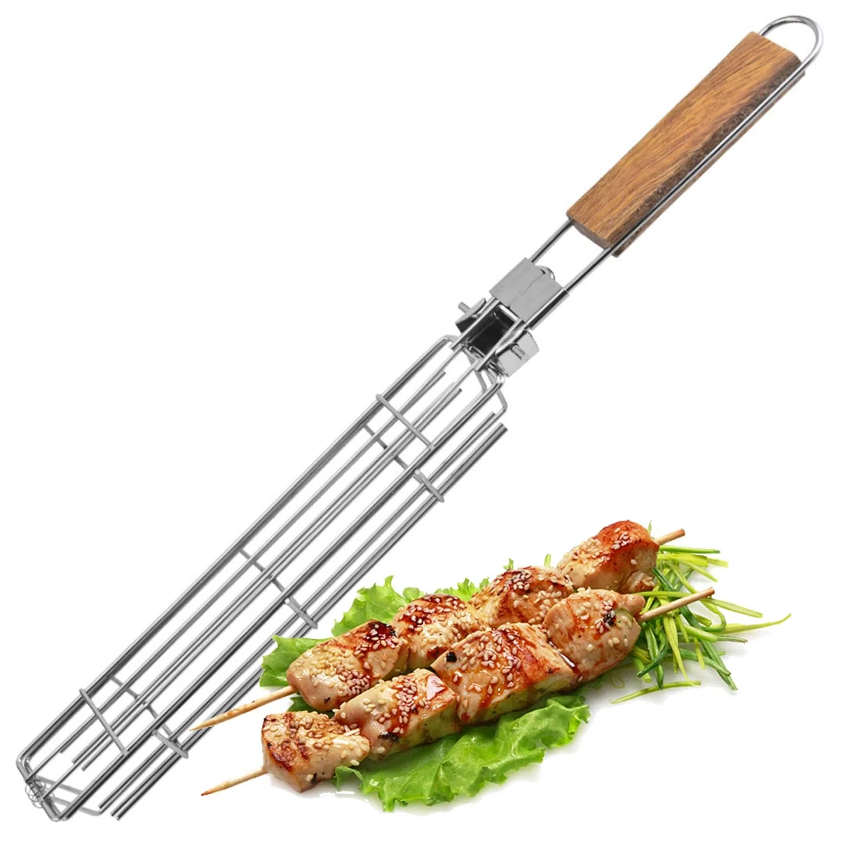 Joyeee Panier Grill Barbecue, Pliable Griller Panier en Acier Inoxydable avec Poignée en Bois Amovible pour Grillades Légumes Frites Hot Dog, Portable pour Grillades en Plein Air, Camping, Pique-nique