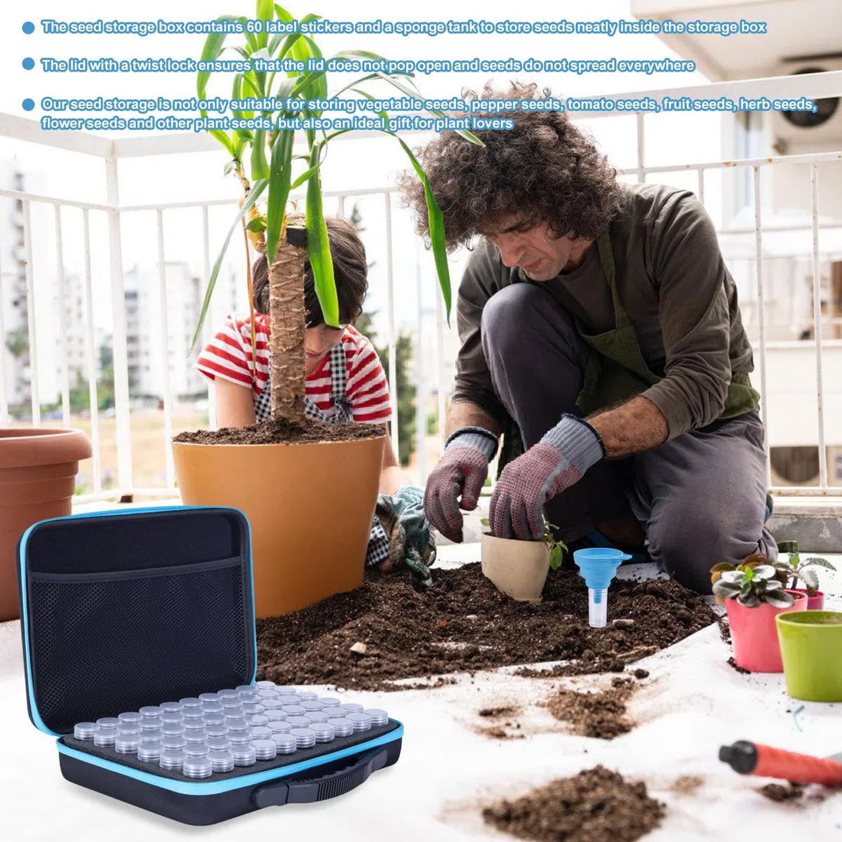 Boîte de Rangement pour Graines: 60 Compartiments Organisateur de Graines Robuste, Organisateur Multifonctionnel pour Fleurs et Légumes (Bord Bleu)