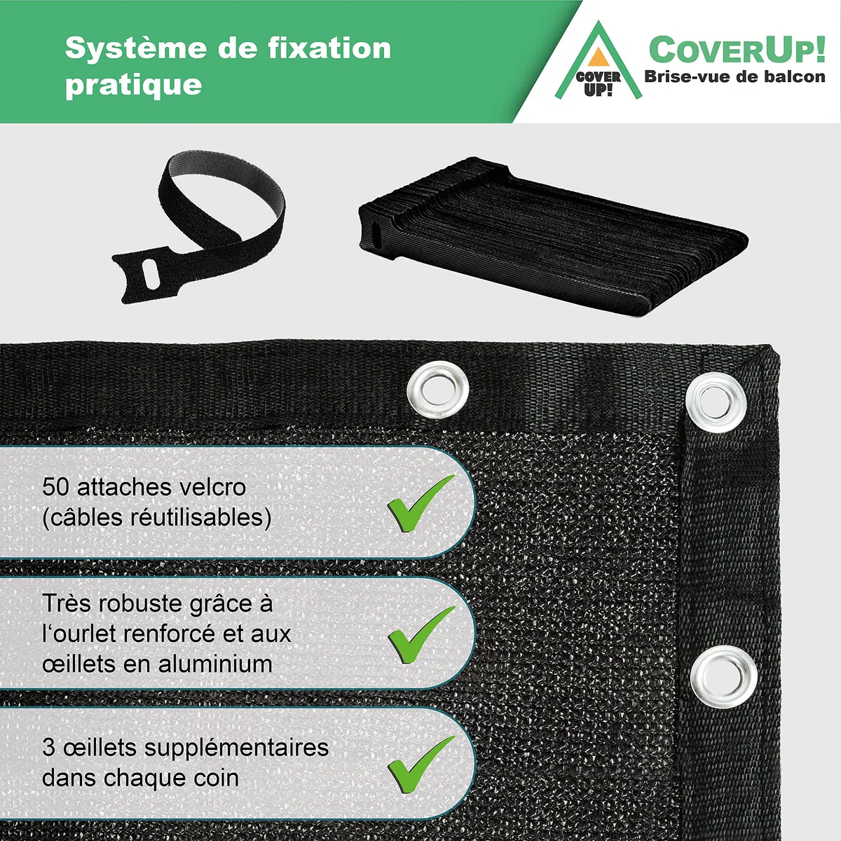 Coverup! Brise-Vue pour Balcon 0,9 x 6 m Noir [180 g/m²] - Brise-Vue de Balcon de Haute qualité pour Toile de Balcon avec Attaches de câble Velcro réutilisables