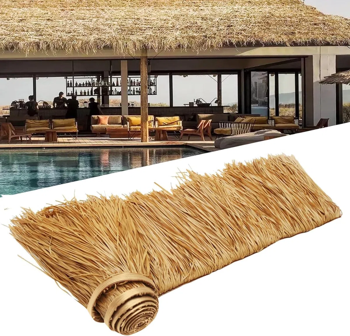 Toit De Paille Rouleau De Chaume De Palmier，Toit de chaume pour pergola，Convient pour la décoration de Jardin, de terrasse, de fête, de Bar，Décoration Exotique Anti-UV，Toit en chaume tiki.